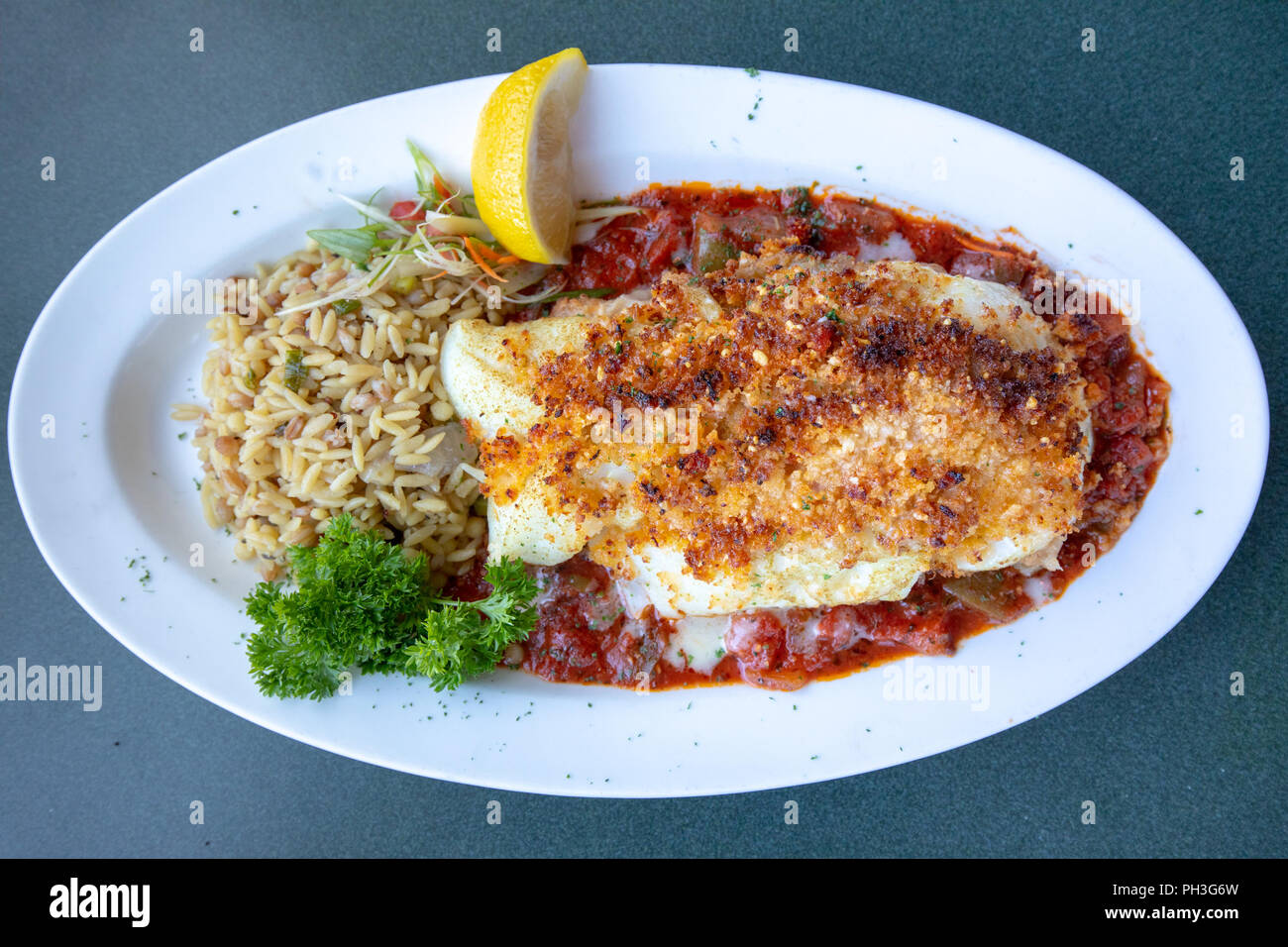 Pesce portoghese, (cod) Il Lobster Pot Restaurant, a Provincetown, MA, Stati Uniti d'America Foto Stock
