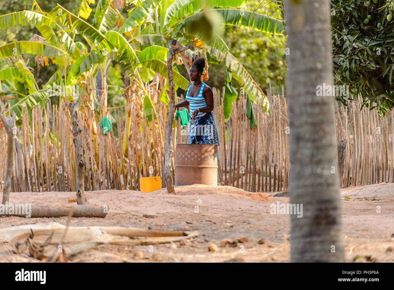 OUSSOUYE, SENEGAL - Apr 30, 2017: Non identificato donna senegalese sorge nei pressi della canna nel bosco sacro vicino villaggio Kaguit Foto Stock