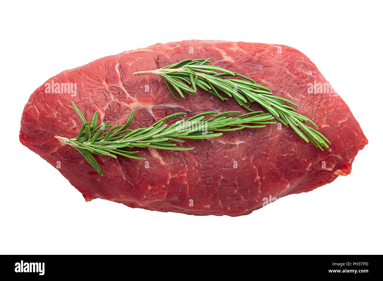Bistecca, bistecca, rosmarino, isolati su sfondo bianco, percorso di clipping, tutta la profondità di campo Foto Stock