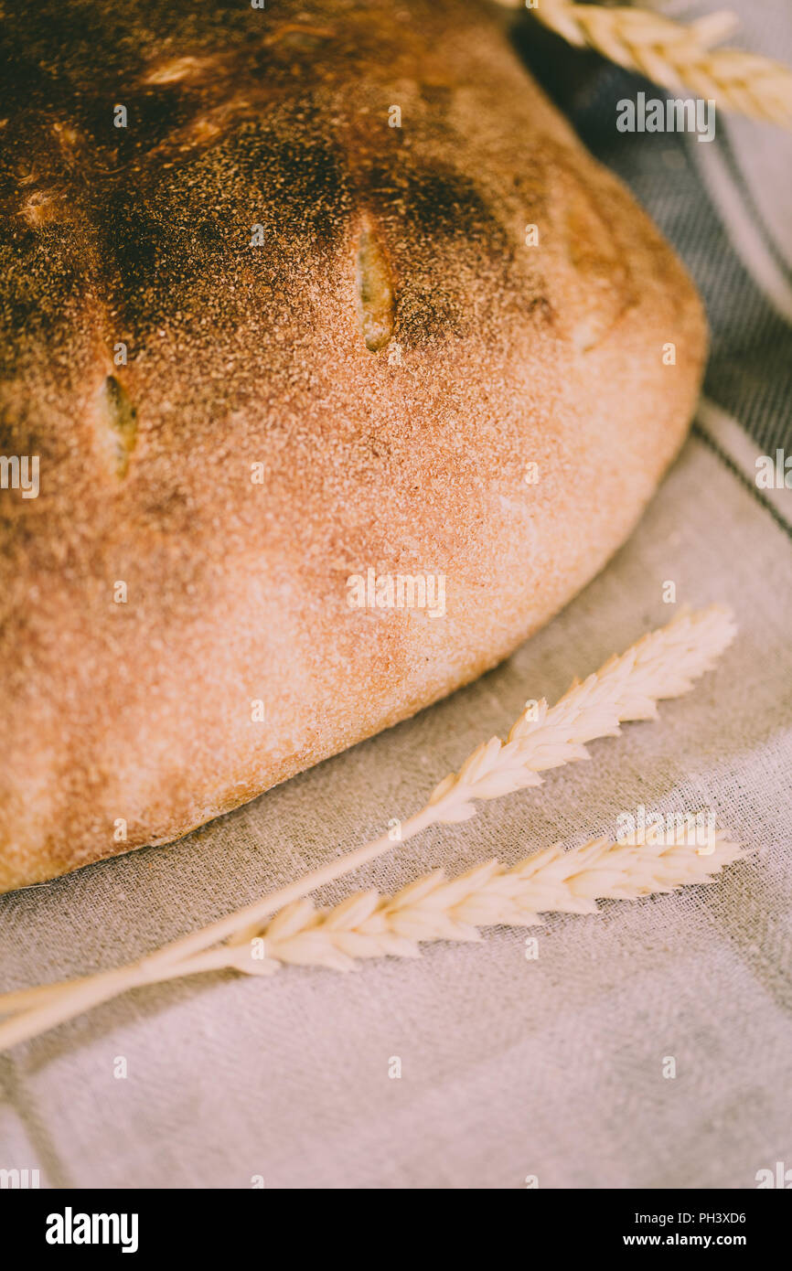 Organici di pasta acida della pagnotta di pane con il giallo oro germogliato di chicchi di grano e tacchetti sulla tovaglia, atmosfera rurale Foto Stock