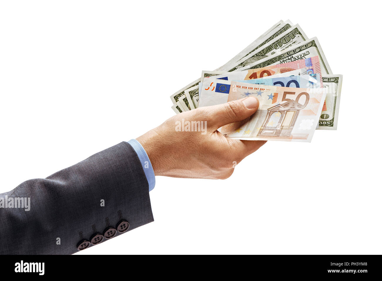 Mano d'uomo in tuta azienda euro e dollari denaro isolato su sfondo bianco. Alta risoluzione prodotto. Close up Foto Stock
