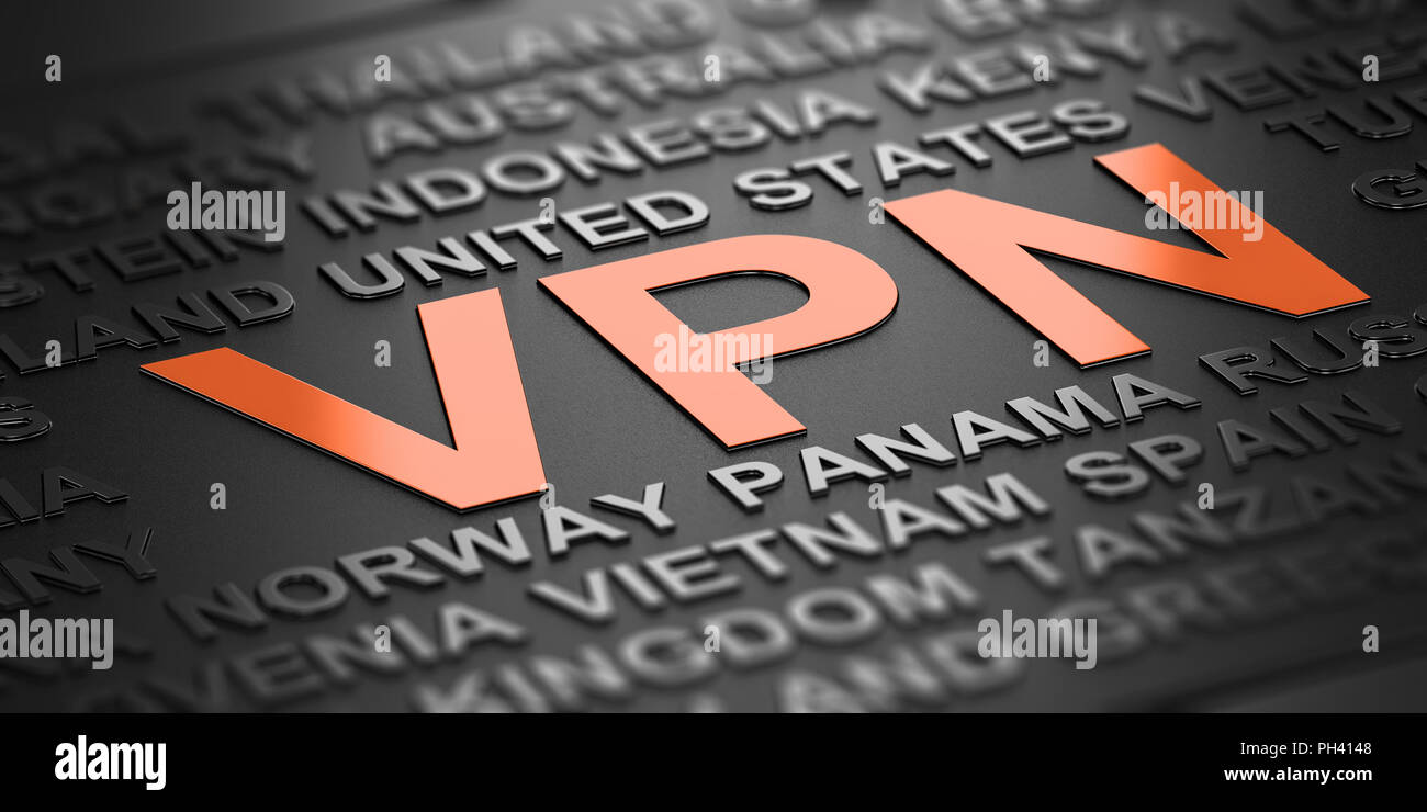 Nuvola di parole su sfondo nero con la VPN accronym witten in arancione lettere. Rete privata virtuale concetto. 3D illustrazione Foto Stock