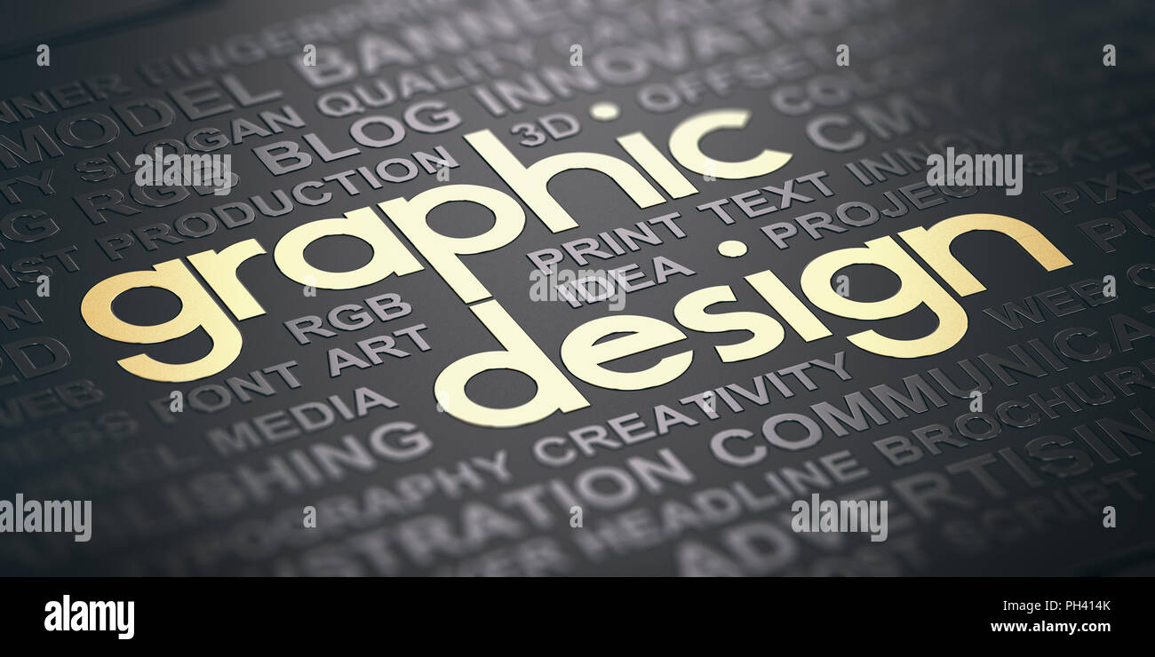 Nuvola di parole su sfondo nero con testo graphic design witten in lettere dorate. La comunicazione visiva del concetto. 3D illustrazione Foto Stock