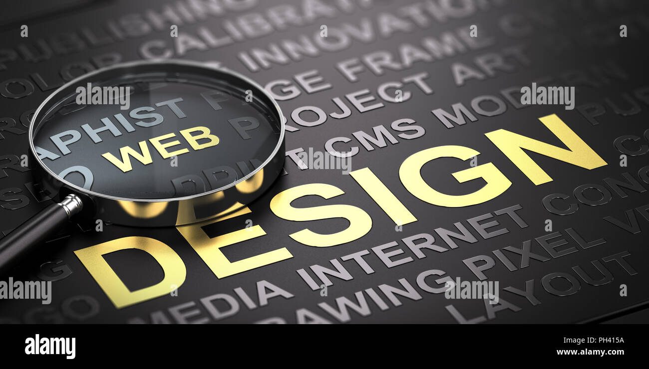 Nuvola di parole su sfondo nero con il testo web design witten in lettere dorate e lente di ingrandimento. Internet concetto di comunicazione. 3D illustrat Foto Stock