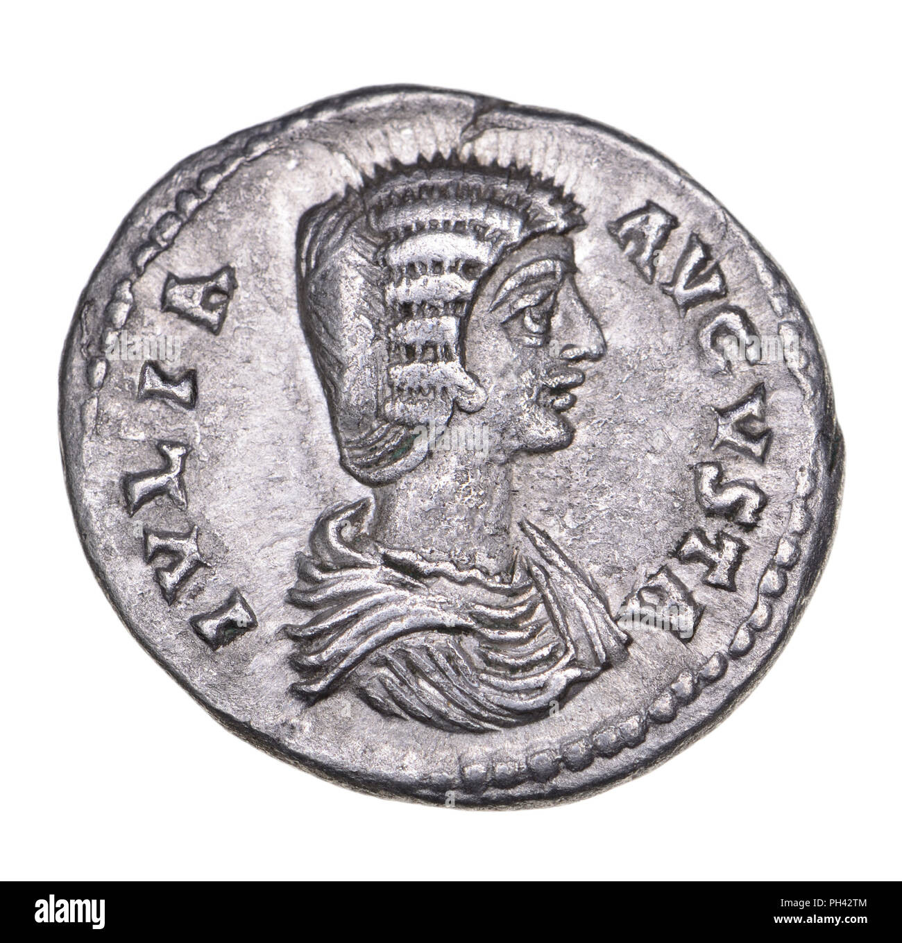 Argento romana denario moneta (200-207AD) : Giulia Domna (AD 160-217) imperatrice romana di origine siriana, seconda moglie di Settimio Severo Foto Stock