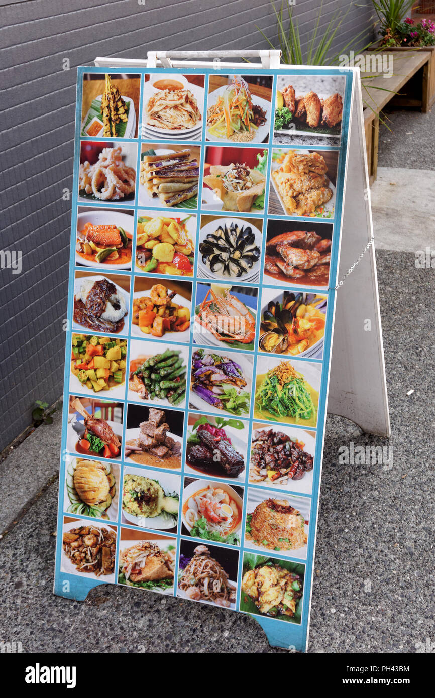 Sandwich menu scheda di firmare al di fuori di un ristorante malese in Vancouver, BC, Canana Foto Stock