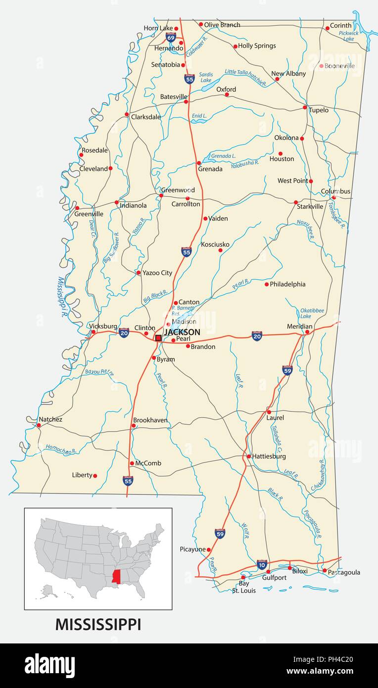 La mappa stradale di Stato americano del Mississippi. Illustrazione Vettoriale