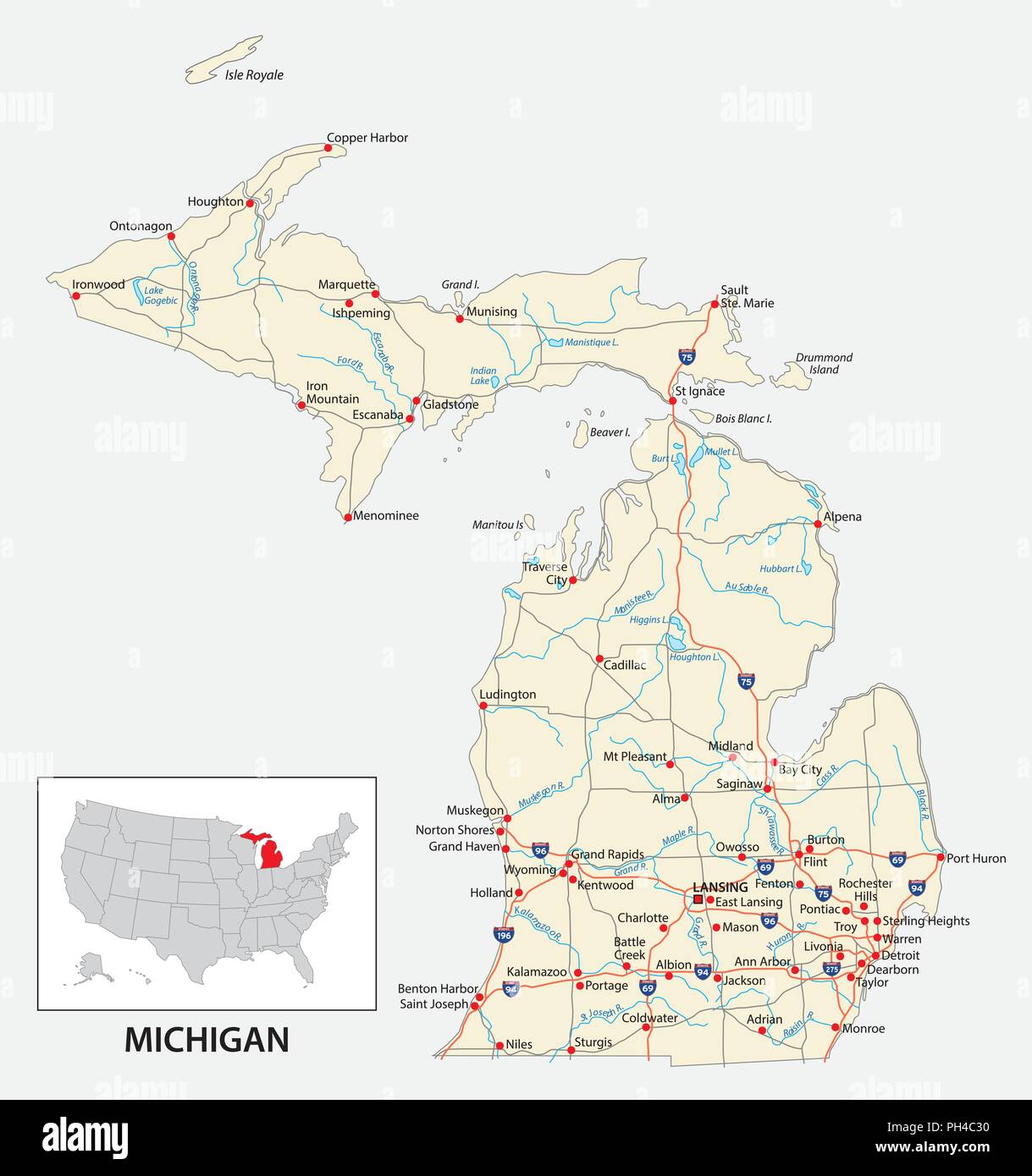 La mappa stradale di Stato americano del Michigan. Illustrazione Vettoriale