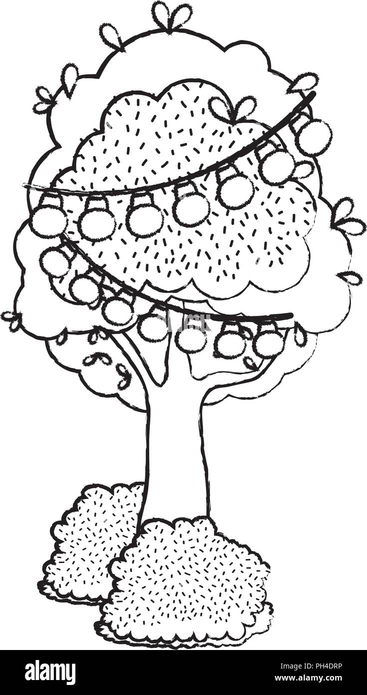Grunge albero con foglie di diramazione e bulbi appeso Illustrazione Vettoriale
