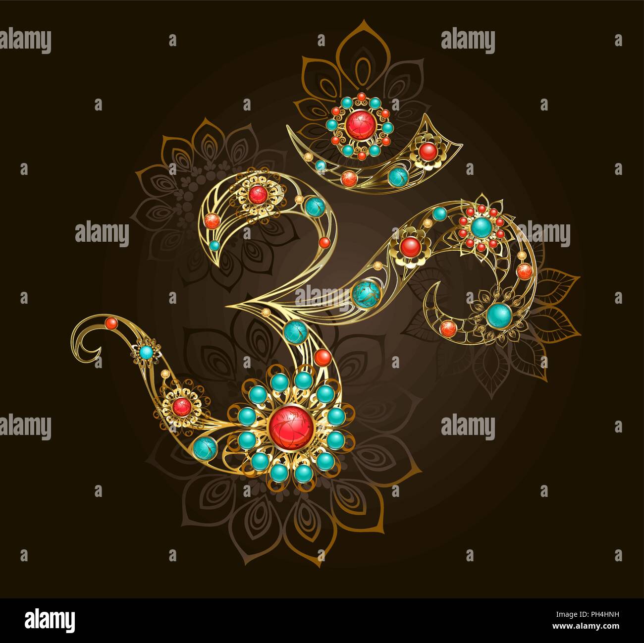Golden Om simbolo adornati con fiori preziosi con corniola e turchese su sfondo marrone. Illustrazione Vettoriale