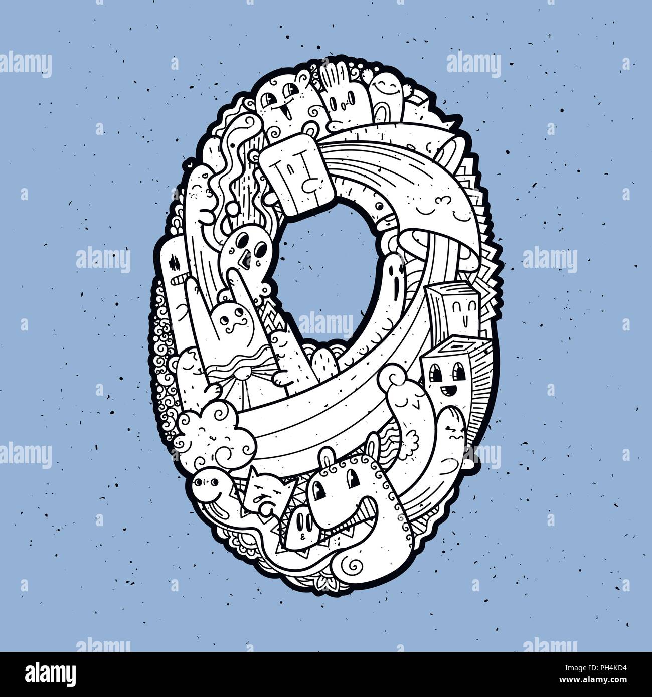 Numero Zero. Disegnata a mano doodled kids numeri. Carino monstred numeri, simboli matematici. Illustrazione Vettoriale per il web, design, decorazione, istruzione, stampe, Illustrazione Vettoriale