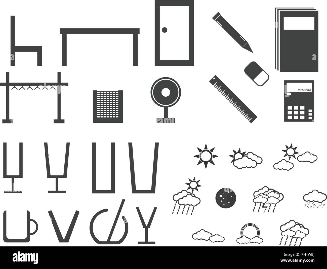Diversi tipi di apparecchiature elettroniche, nuvole home hardware con display di schermo come telefono, computer, televisore, vetro, tabella, ventilatore, sedia, prenota Illustrazione Vettoriale