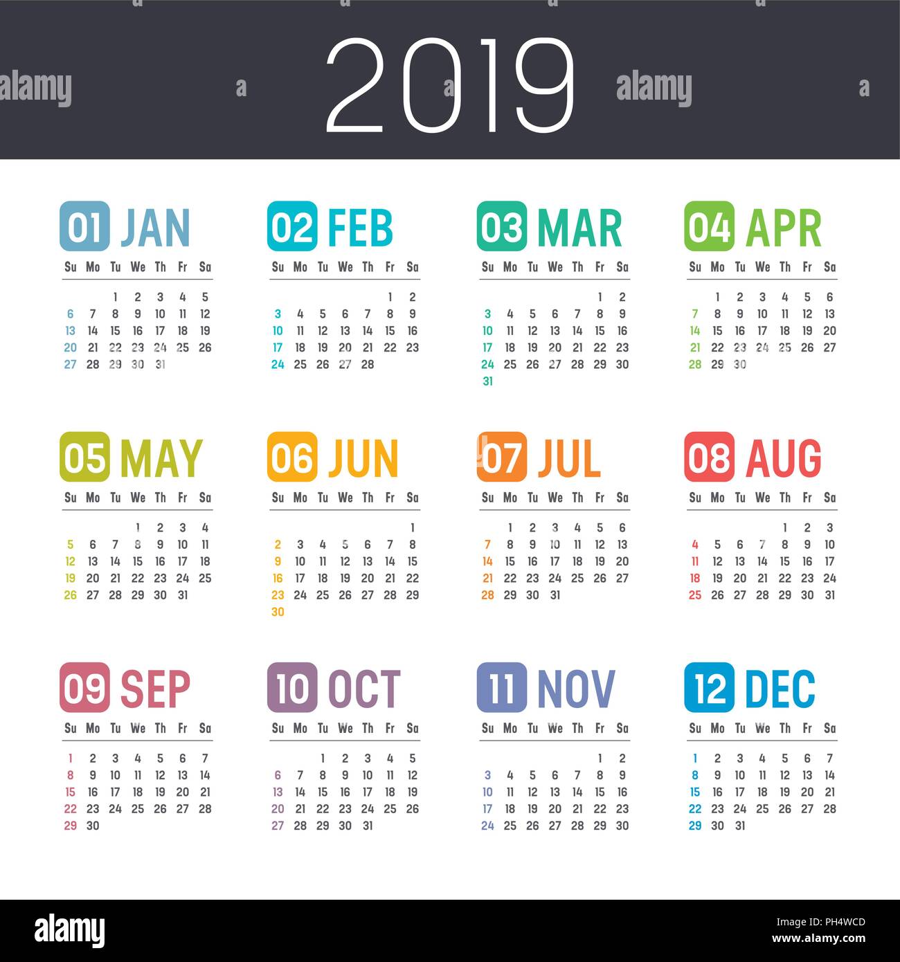 Colorato 2019 Calendario isolato su uno sfondo bianco Illustrazione Vettoriale