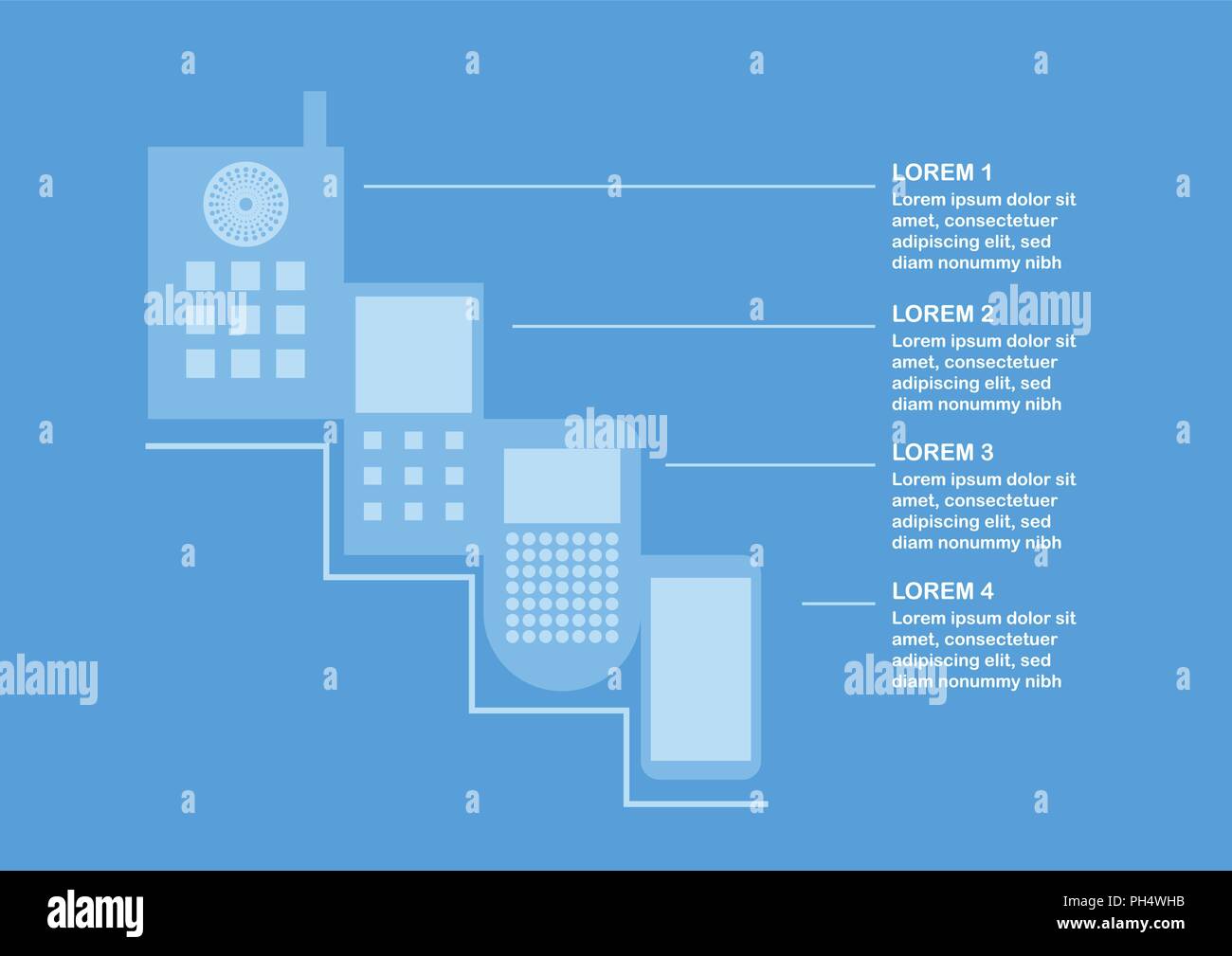 Trasformazione del telefono mobile forma antica al tempo presente. Illustrazione di vettore isolato su sfondo blu con testo di spazio. Illustrazione Vettoriale