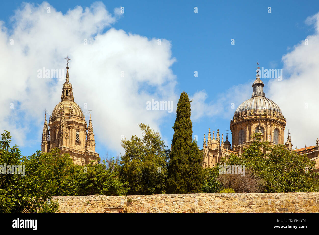 Vista delle vecchie e nuove cattedrali spagnole nelle città universitaria di Salamanca Castiglia y Leon Spagna Foto Stock