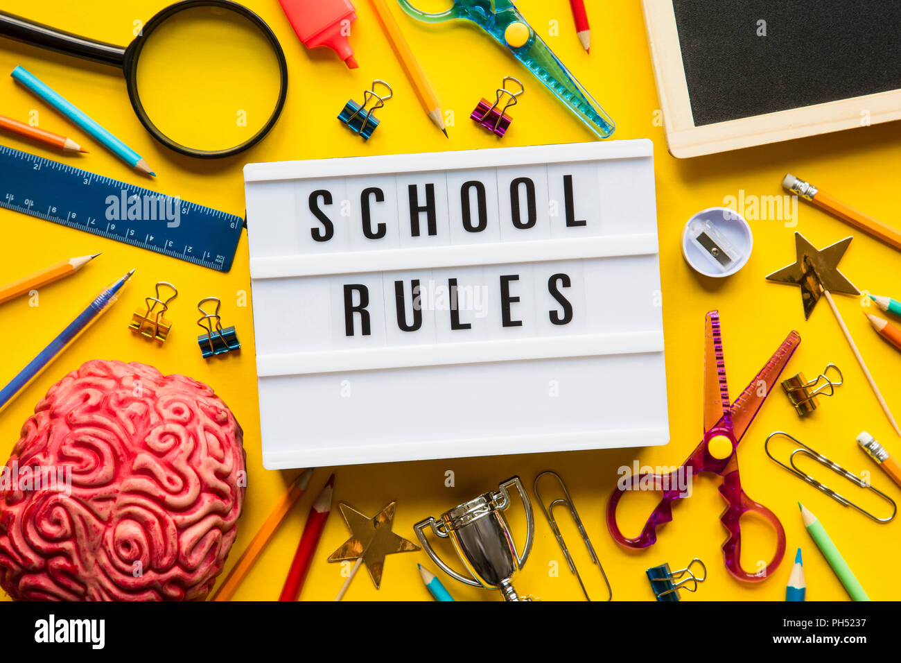 Regolamento Scuola lightbox messaggio su un brillante sfondo giallo Foto Stock