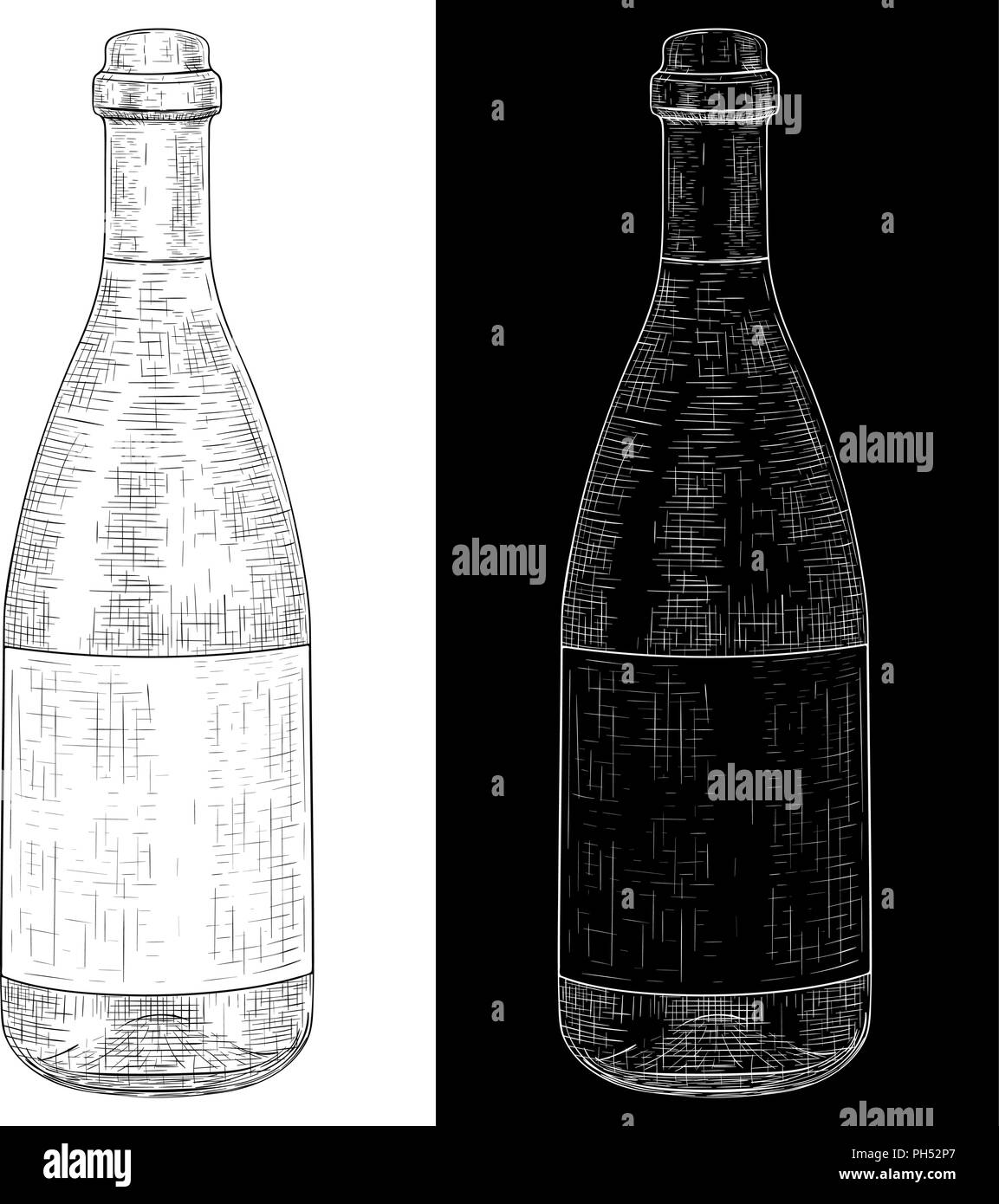 Bottiglia di vino con etichetta vuota. Mano bozzetto Illustrazione Vettoriale