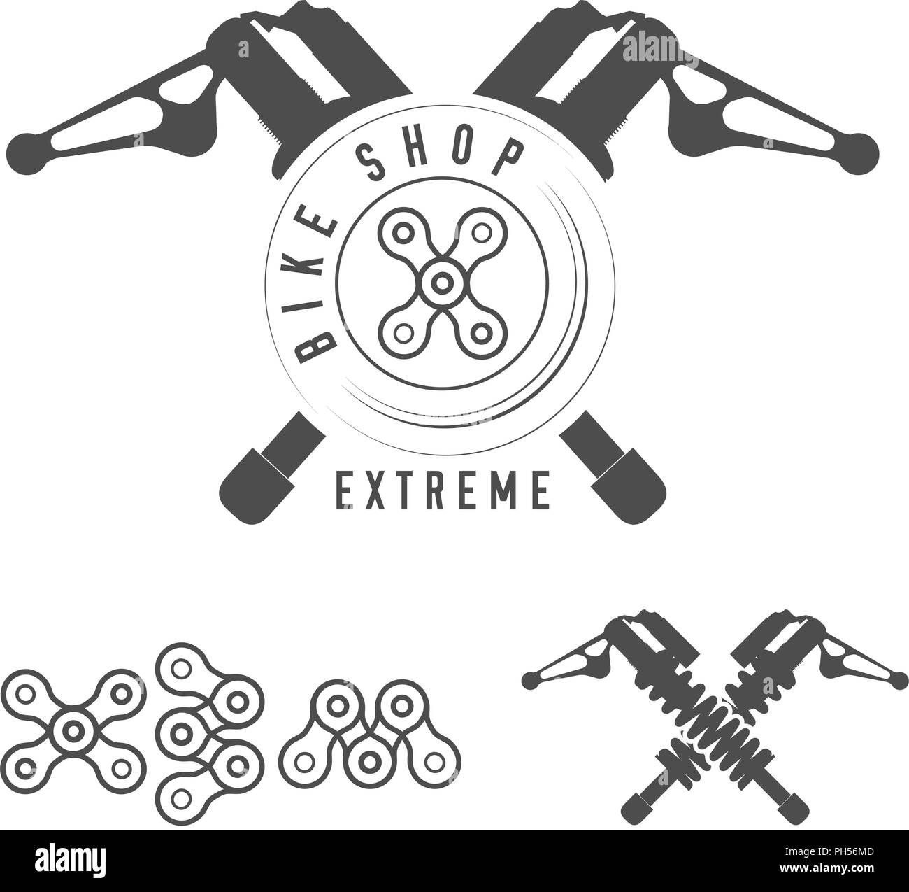 Negozio di Biciclette, Extreme Bikes emblema. Attraversato Ammortizzatori Posteriori, X segno fatto di catena per bicicletta. Monocromatico illustrazione vettoriale. Tipografia estreme. Illustrazione Vettoriale