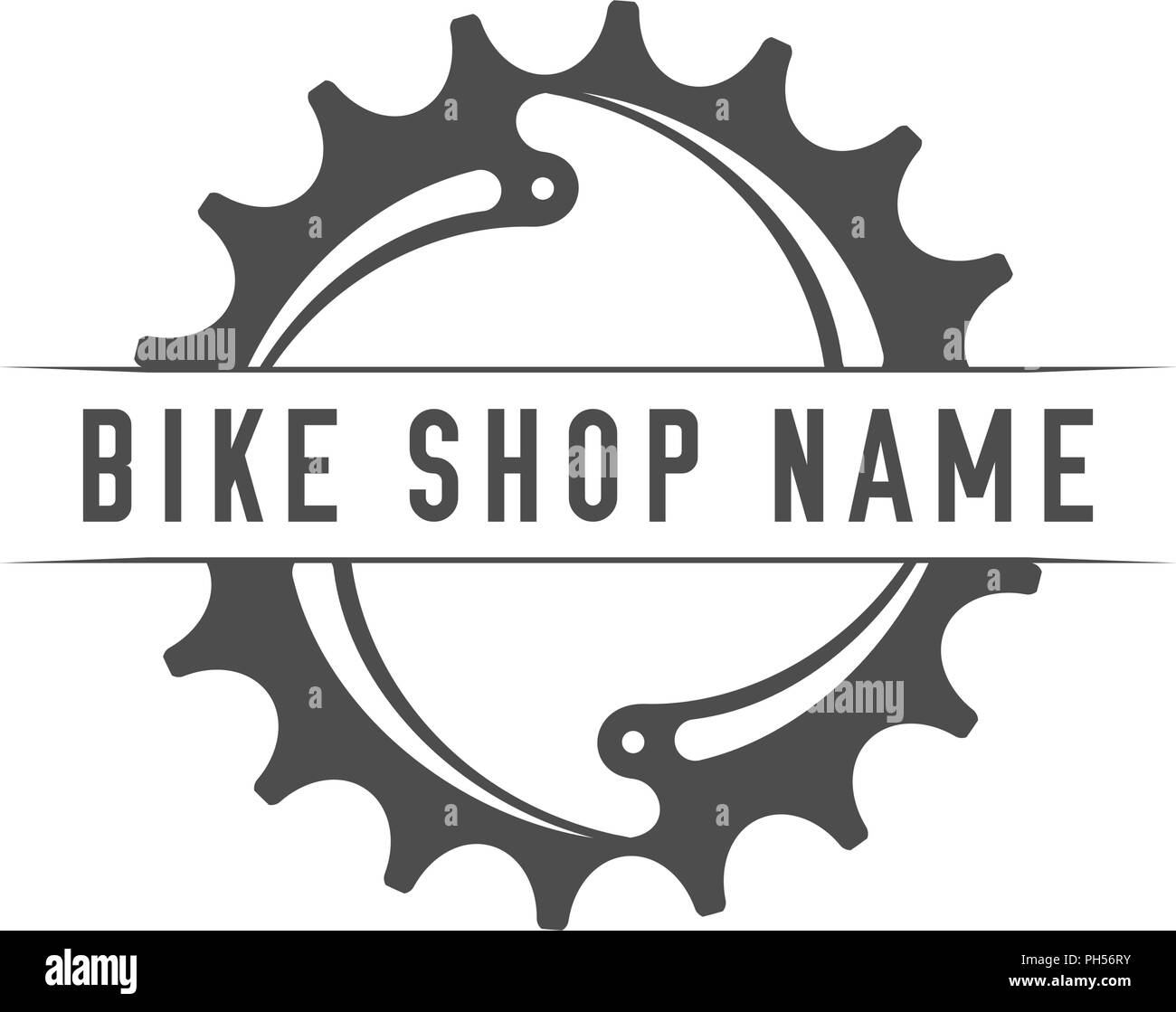 Bike Shop emblema. Elemento di design per il negozio di biciclette o banner  pubblicitario. Anello di catena e il luogo per il vostro negozio di  biciclette nome, Monocromatico illustrazione vettoriale Immagine e