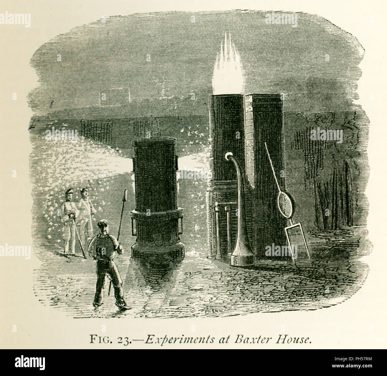 Questa illustrazione risale al 1870 e mostra gli esperimenti a Baxter Casa di produzione di acciaio. Su delle figure chiave in tal modo era il sig. Bessemer, che ha scoperto che il carbonio e il silicio può essere prontamente rimosso forzando le correnti di aria fredda attraverso una massa di metallo fuso e ha annunciato la sua scoperta nel 1856. La sua carta è stata intitolata "SULLA PRODUZIONE DI FERRO E ACCIAIO SENZA CARBURANTE.' Bessemer effettuati esperimenti alla Baxter House in Inghilterra - come mostrato qui di seguito. L'apparecchiatura utilizzata in questi esperimenti è stata un recipiente cilindrico, sul fondo della quale sono stati un certo numero di ugelli di argilla (tubiere) attraverso Foto Stock