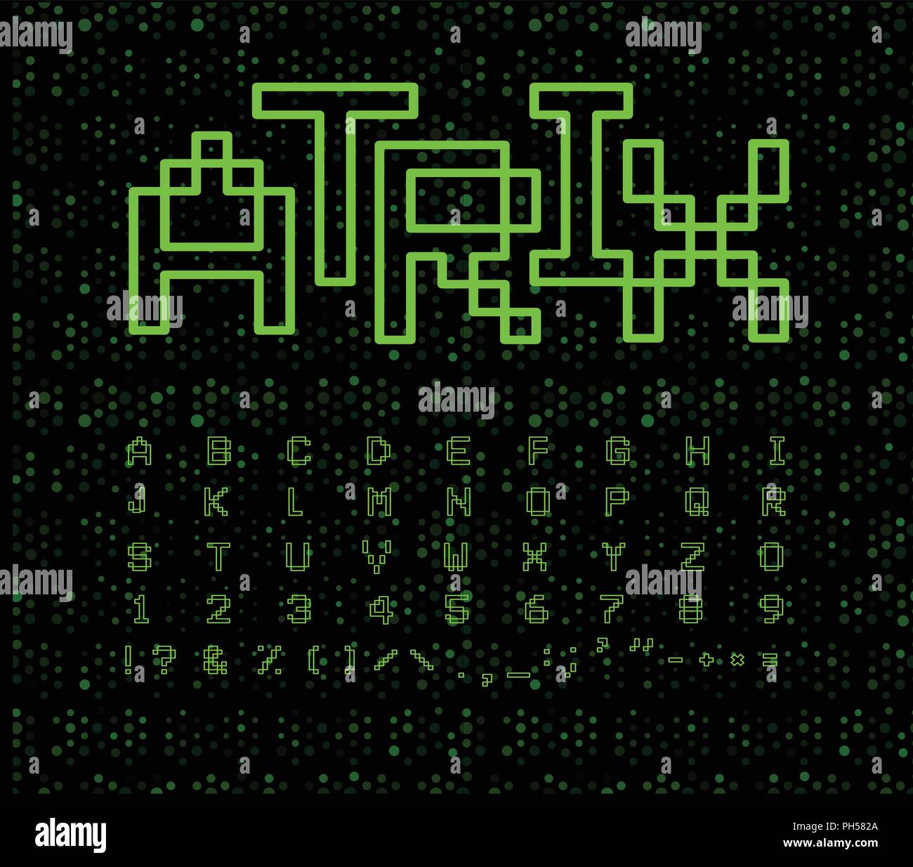 Font di matrice, linee geometriche. Verde digitale lettere nere su sfondo del cyberspazio. Elettronica gioco retrò alfabeto. Illustrazione Vettoriale