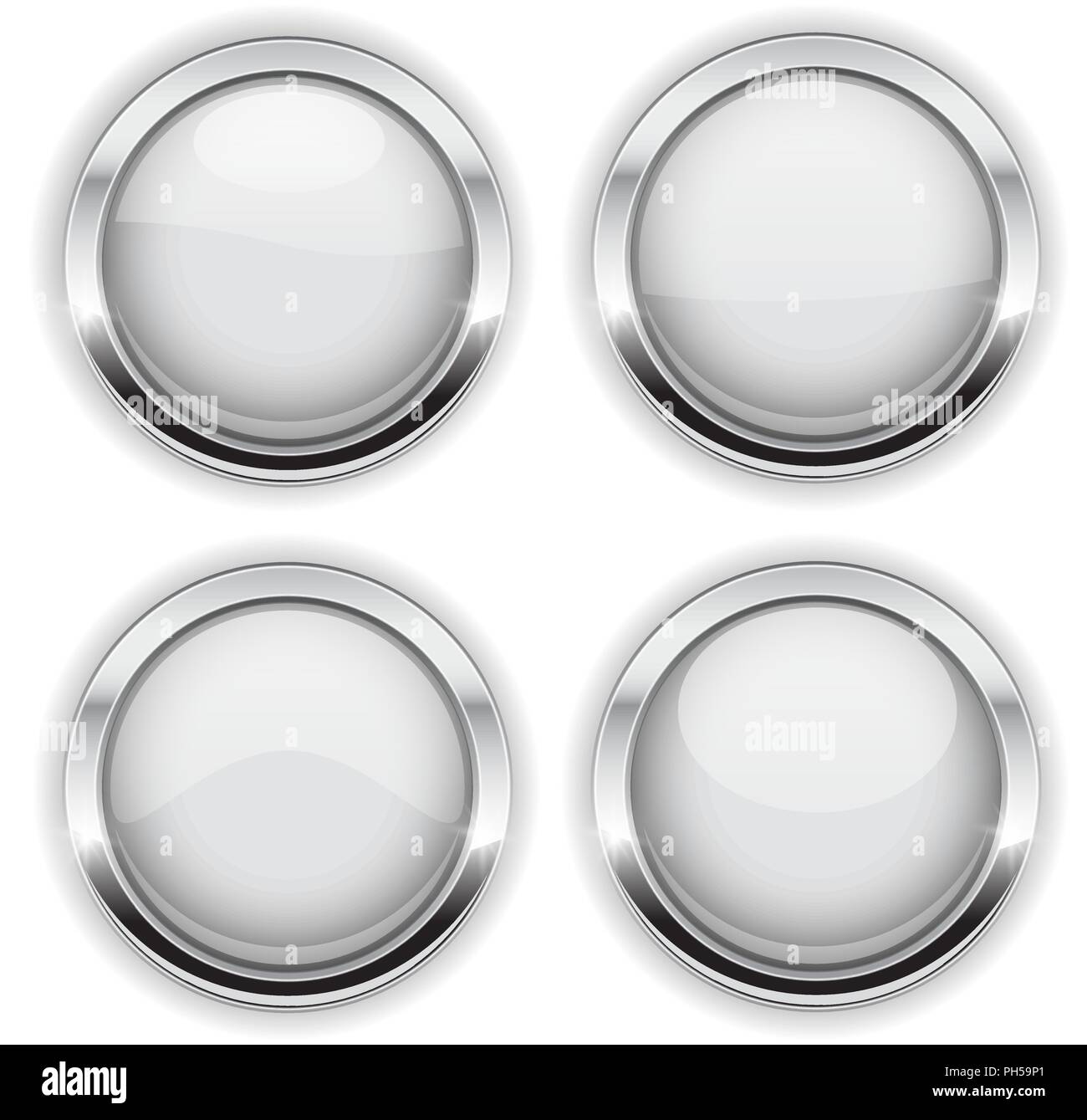 Pulsanti bianchi con telaio cromato. Rotondo in vetro lucido icone 3d con la riflessione Illustrazione Vettoriale