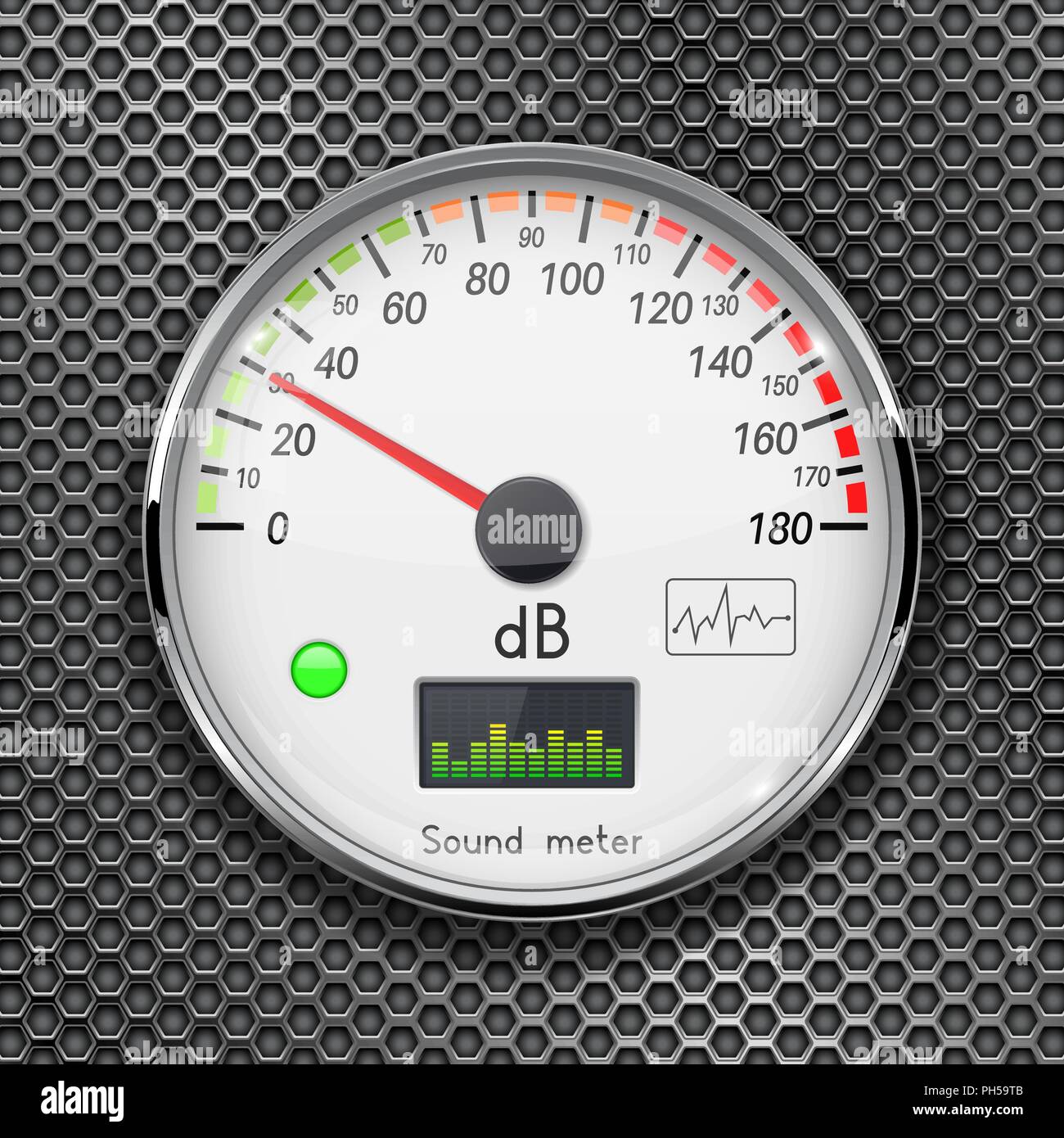 Indicatore di decibel. Unità di volume sul livello basso. Indicatore di vetro con telaio cromato su metallo sfondo perforato Illustrazione Vettoriale