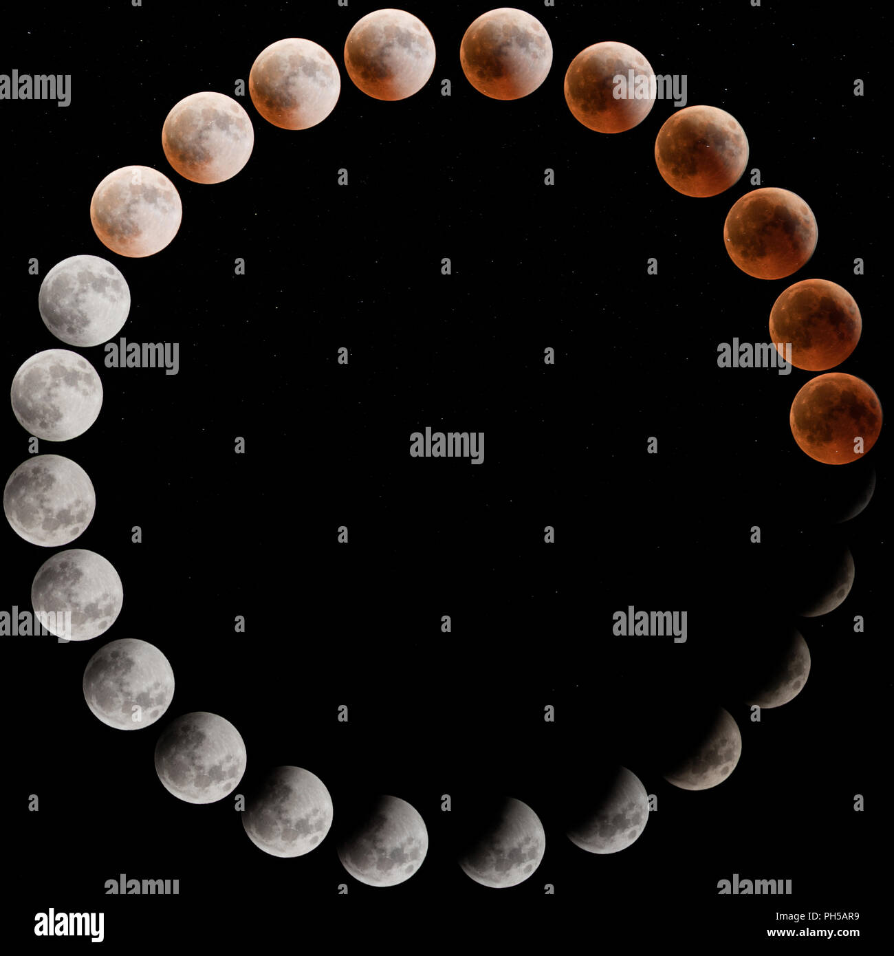 Lunar Eclipse Lunar Eclipse piena di fasi in cerchio Foto Stock
