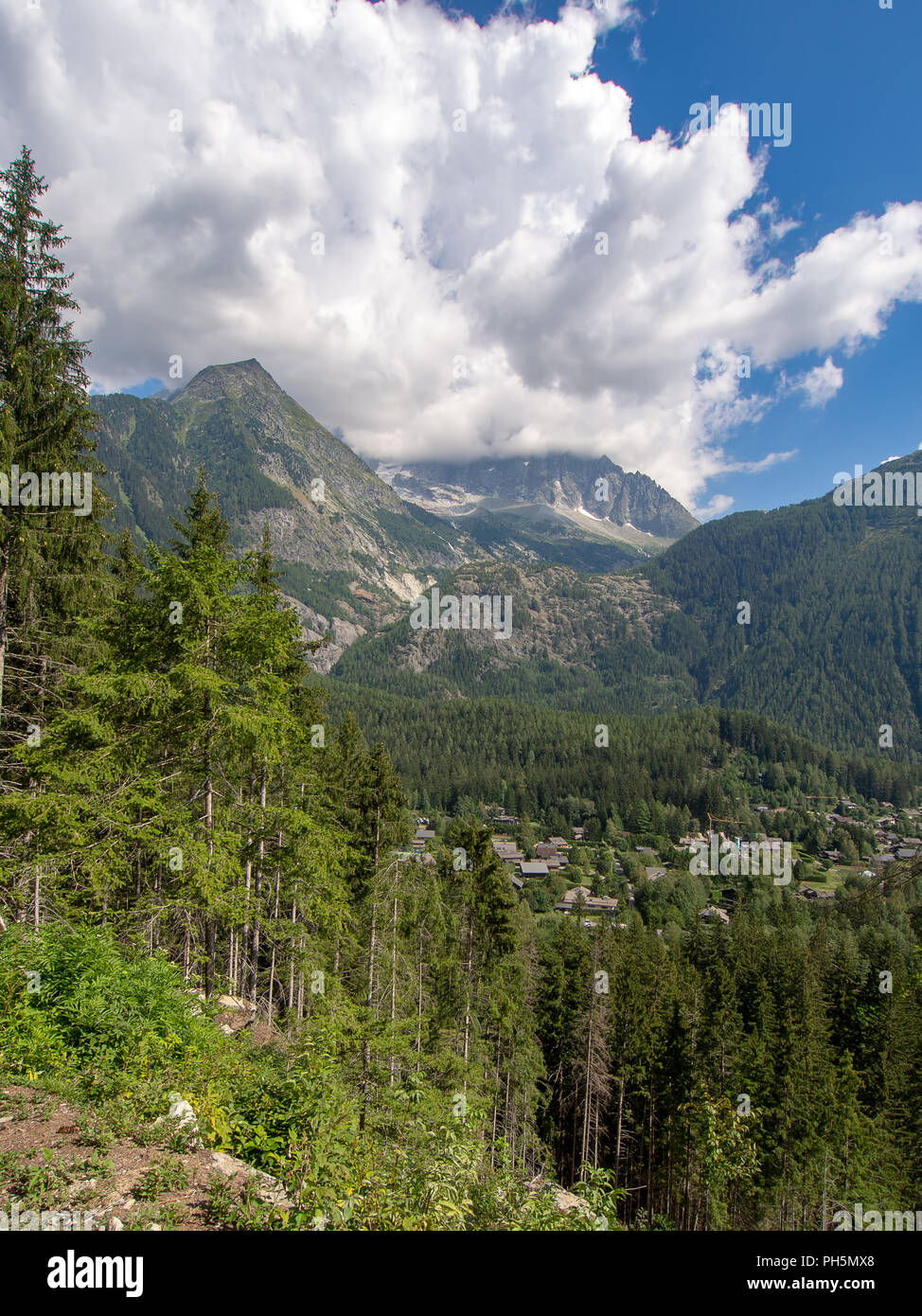 Escursionismo e trekking percorso treno vicino a Chamonix Mont Blanc, Haute Savoie, Francia in estate. Vista delle Alpi dal petit balcon sud - il piccolo sentiero sud. Foto Stock