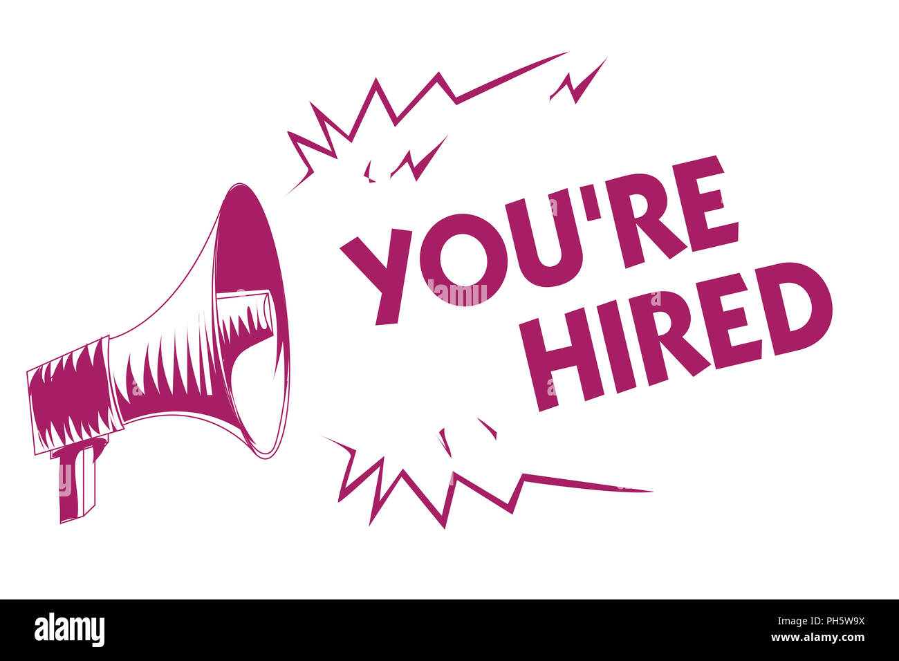 Mano concettuale che mostra la scrittura si sono di nuovo assunti. Business photo presentazione nuovo lavoro impiegati Newbie arruolato accettato reclutati viola megafono impor Foto Stock
