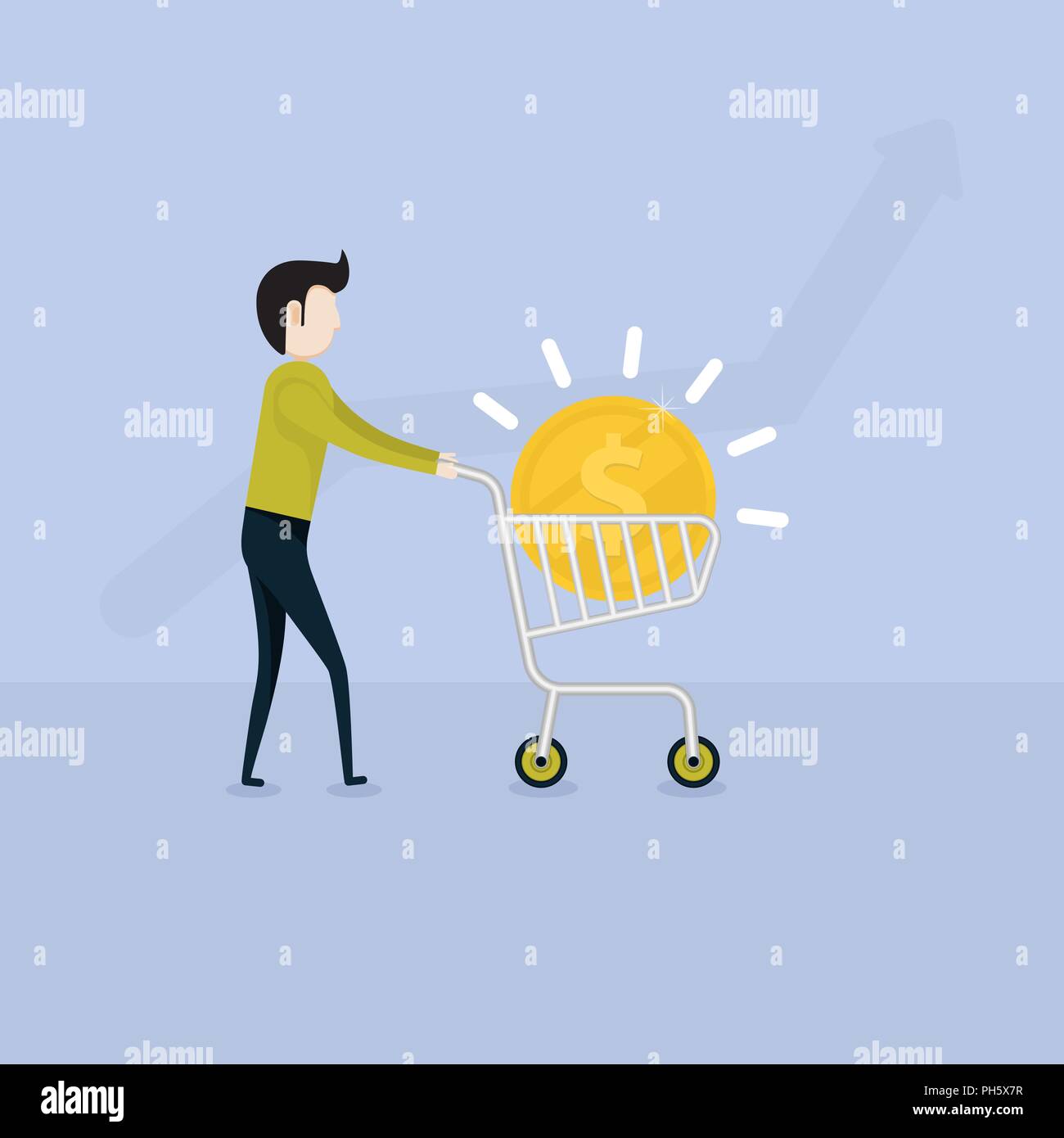 Giovane Imprenditore e piatto Carrello per supermercati icona con Golden Coin denaro sign.Persone e carrello con Business & Finanza concetto.vettore di Business Illustrazione Vettoriale