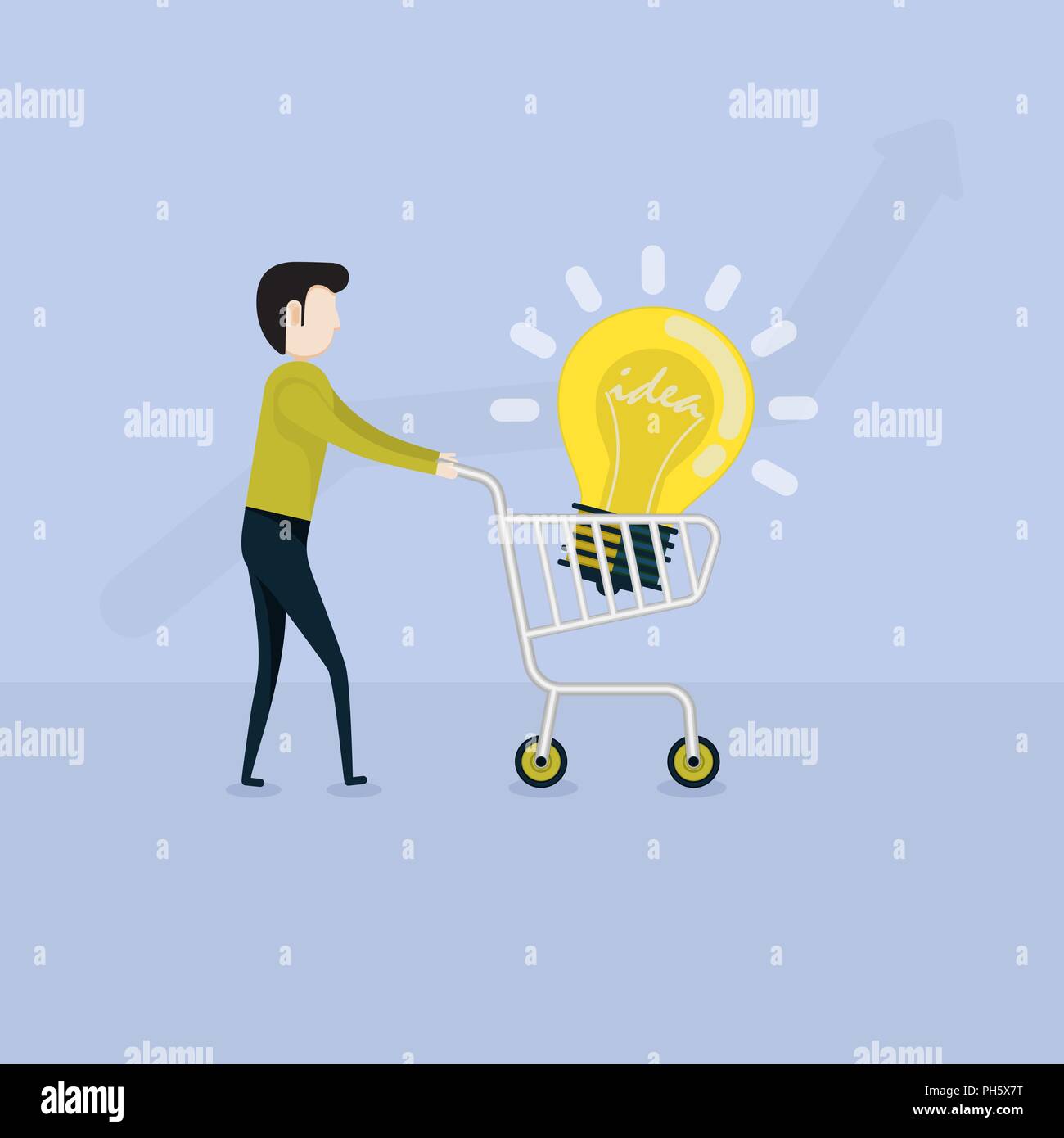 Giovane Imprenditore e piatto Carrello per supermercati icona con lampadina sign.Persone e carrello con Business & Finanza concetto.Business concetto vettoriale Illustrazione Vettoriale