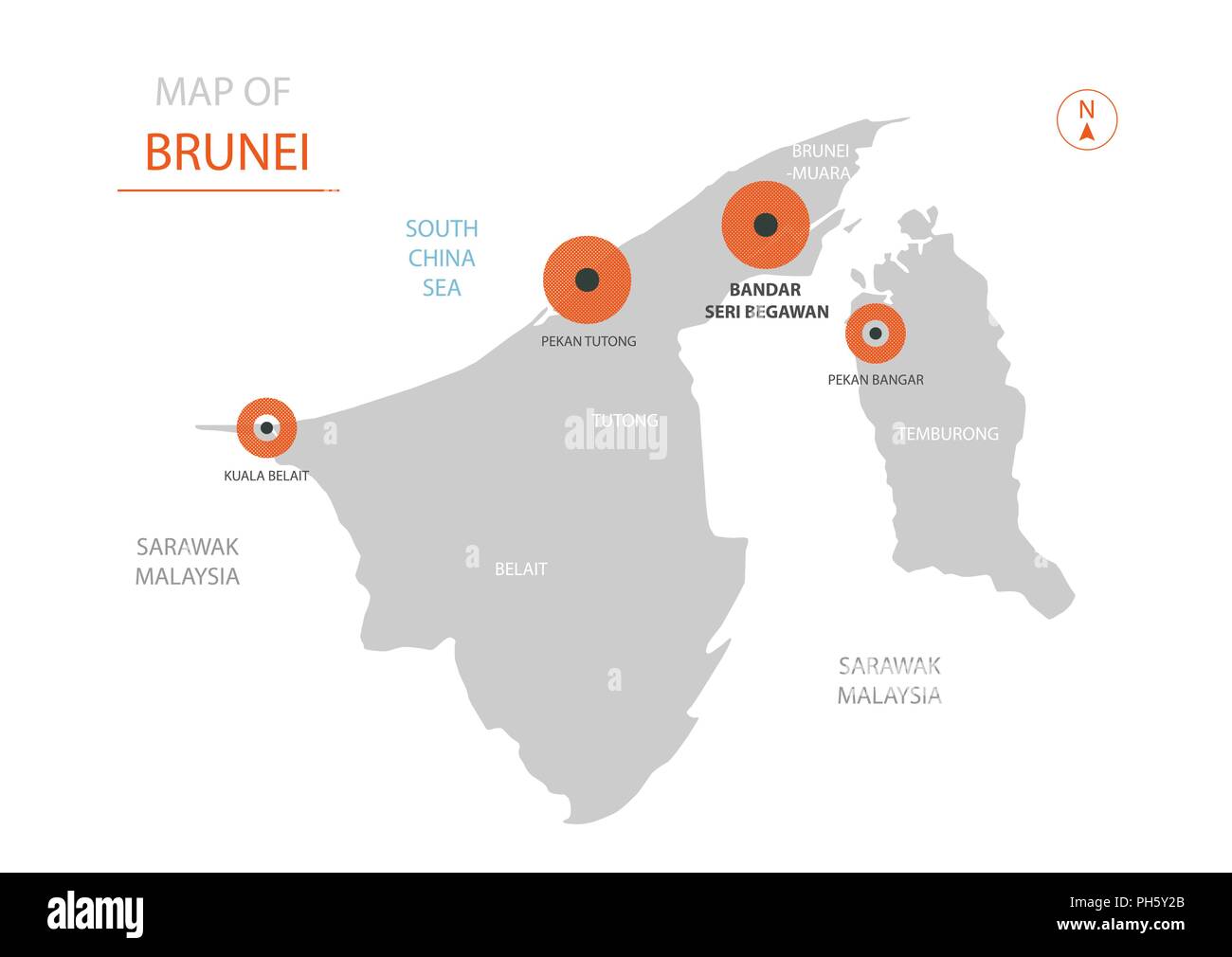 Vettore stilizzati Brunei mappa mostrando grandi città, capitale Bandar Seri Begawan, divisioni amministrative e i confini. Illustrazione Vettoriale