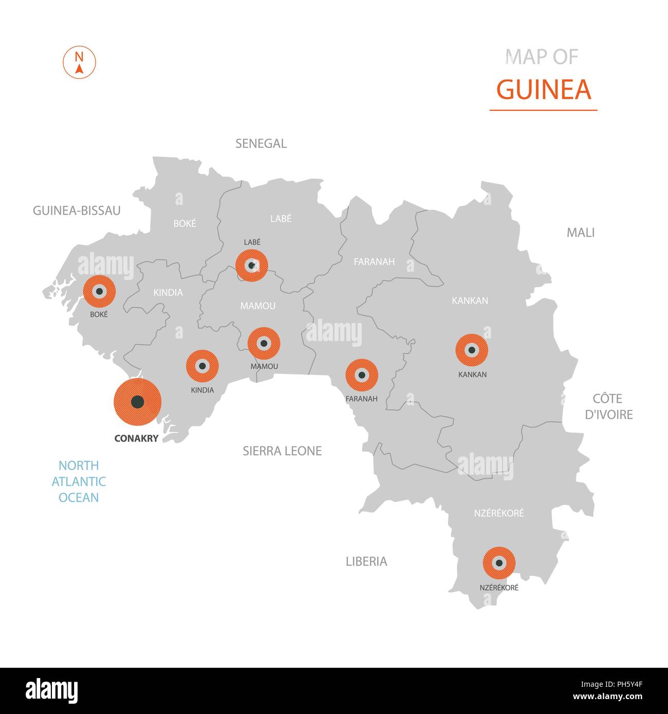 Vettore stilizzati Guinea mappa mostrando grande città capitale Conakry, le divisioni amministrative e i confini Illustrazione Vettoriale