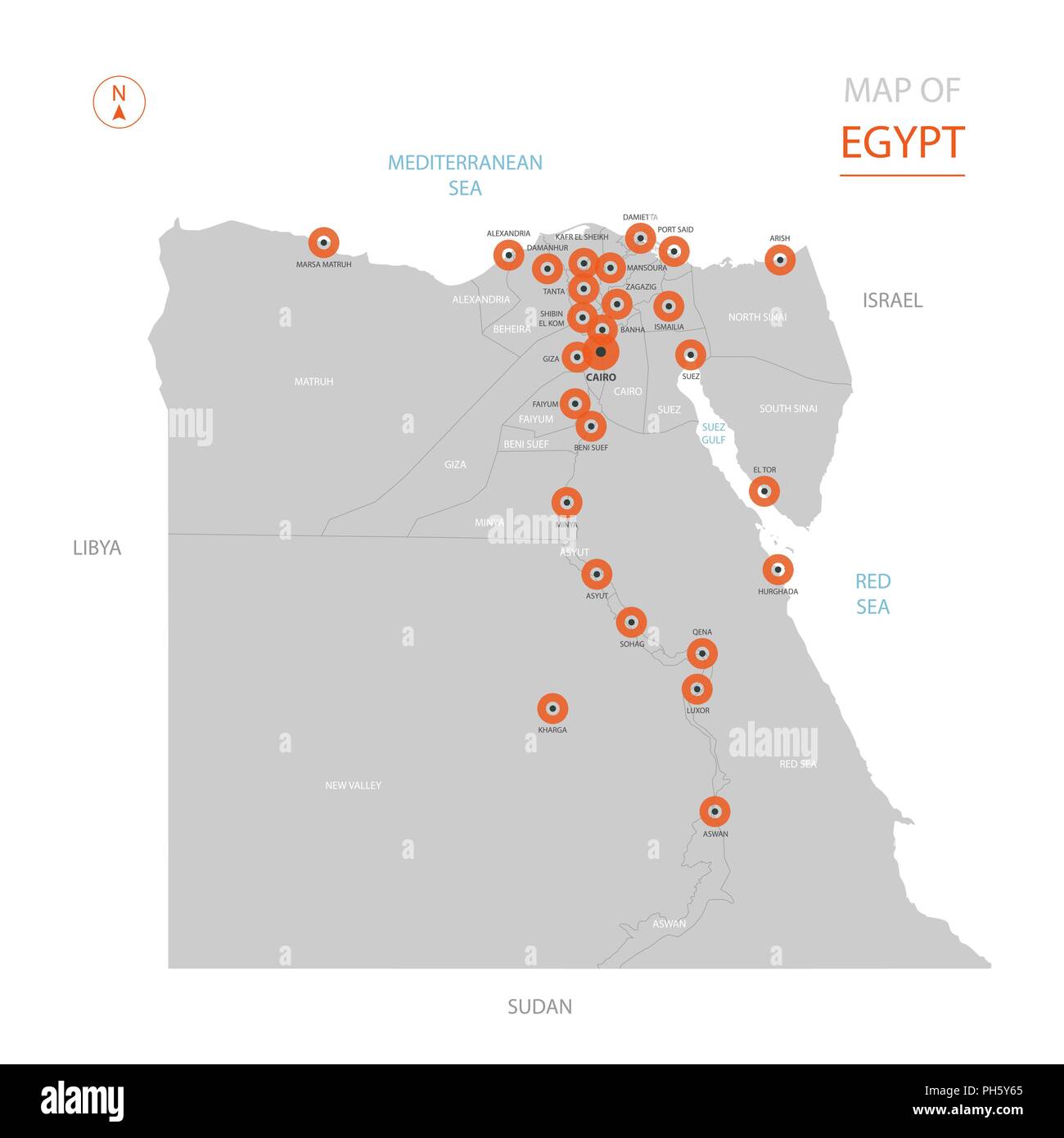 Vettore stilizzati Egitto mappa mostrando grande città capitale del Cairo, divisioni amministrative. Illustrazione Vettoriale