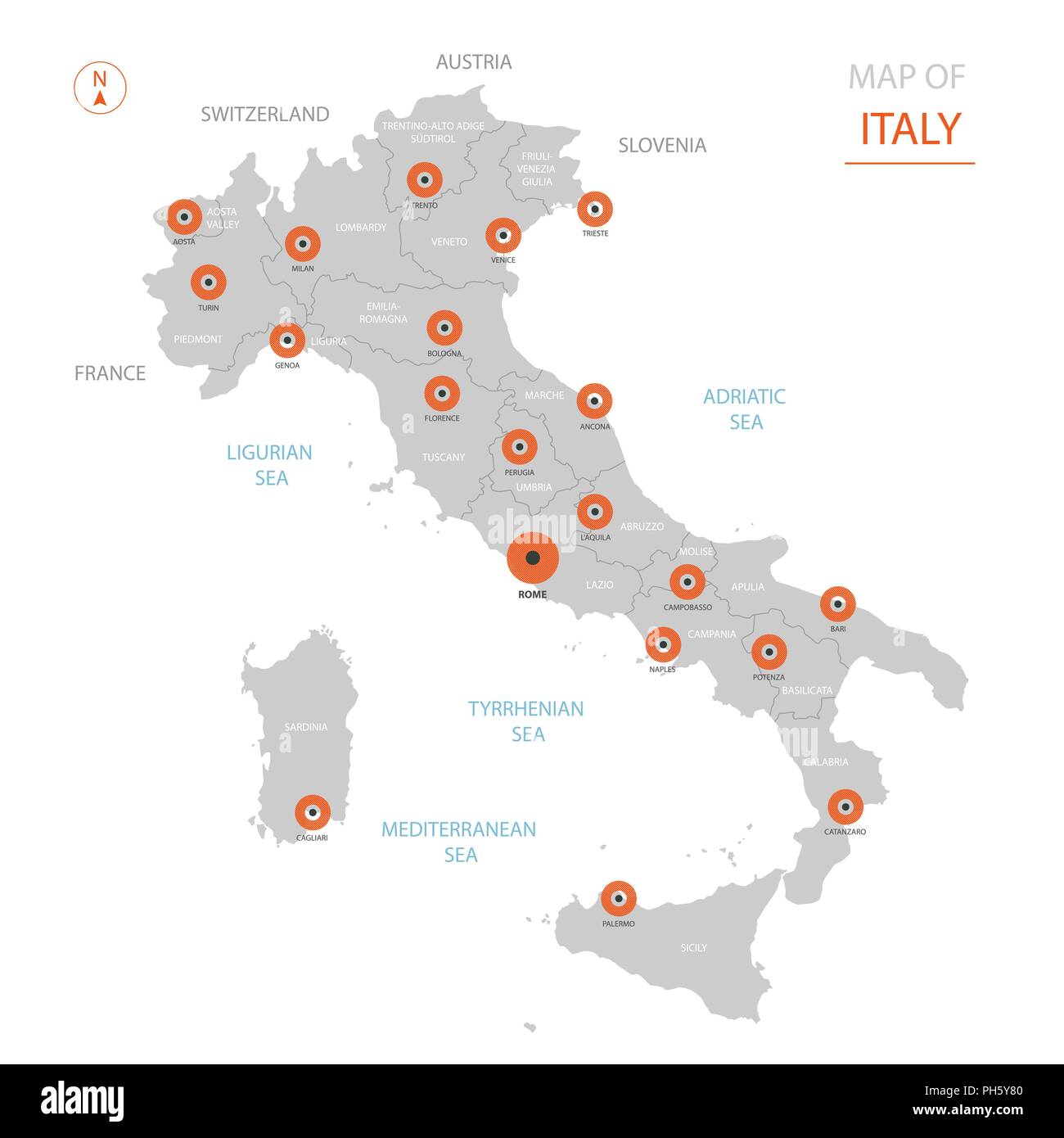 Vettore stilizzati Italia mappa che mostra le grandi città, capitale Roma, divisioni amministrative. Illustrazione Vettoriale