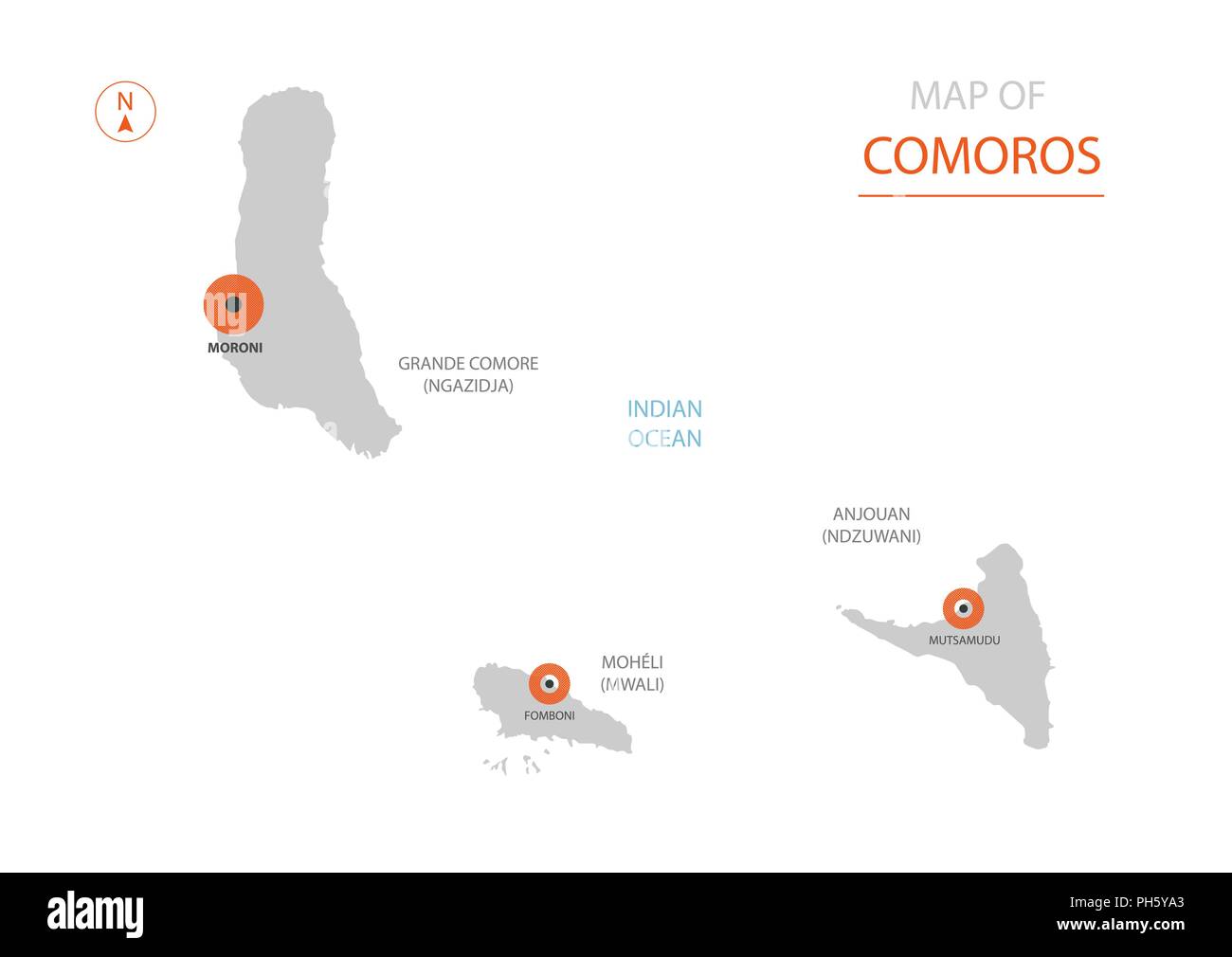 Vettore stilizzati Comore mappa mostrando grande città capitale Moroni, divisioni amministrative. Illustrazione Vettoriale