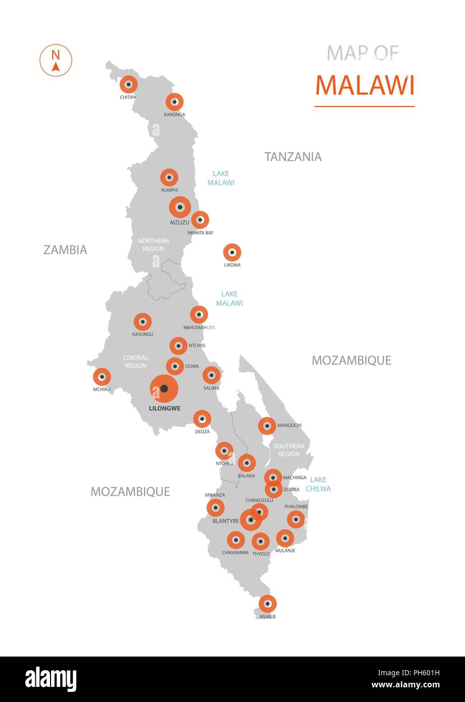 Vettore stilizzati Malawi mappa mostrando grande città capitale Lilongwe, divisioni amministrative. Illustrazione Vettoriale