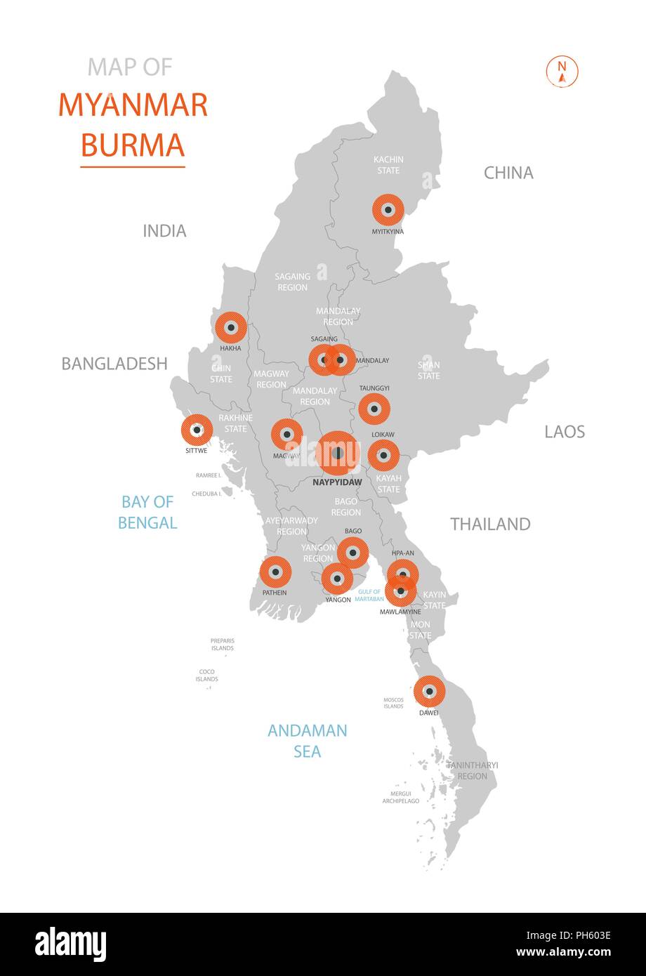 Vettore stilizzata del Myanmar (Birmania) mappa mostrando grande città capitale Naypyidaw, divisioni amministrative. Illustrazione Vettoriale