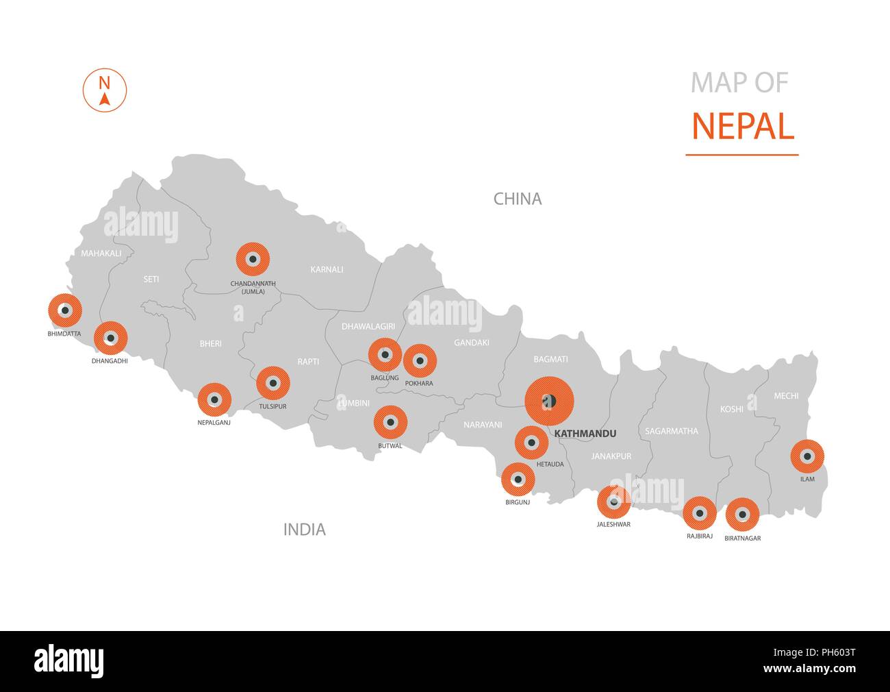 Vettore stilizzati Nepal mappa mostrando grandi città, capitale Kathmandu, divisioni amministrative. Illustrazione Vettoriale