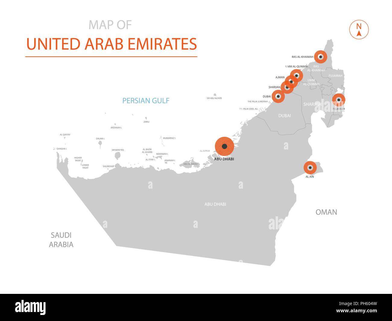Vettore stilizzati Emirati Arabi Uniti mappa mostrando grande città capitale Abu Dhabi, divisioni amministrative. Illustrazione Vettoriale