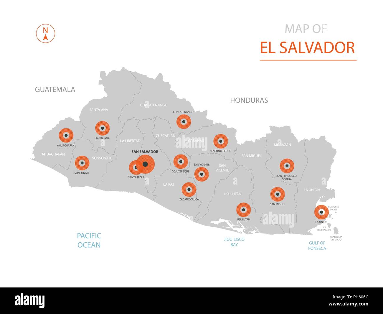 Vettore stilizzati El Salvador mappa mostrando grande città capitale San Salvador, divisioni amministrative. Illustrazione Vettoriale