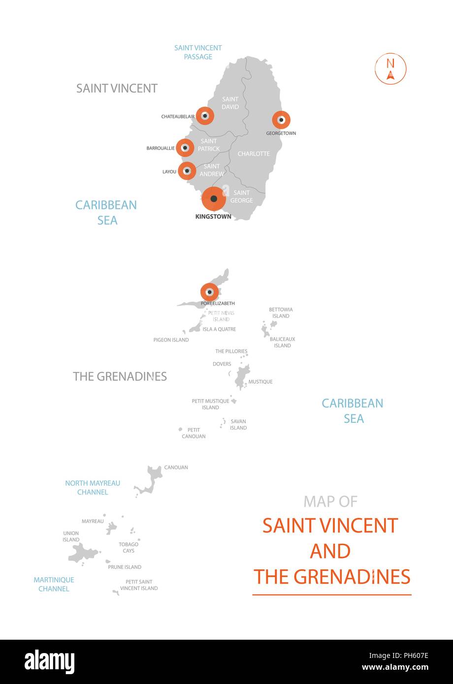 Vettore stilizzata di Saint Vincent e Grenadine mappa mostrando grandi città, capitale Kingstown, divisioni amministrative. Illustrazione Vettoriale