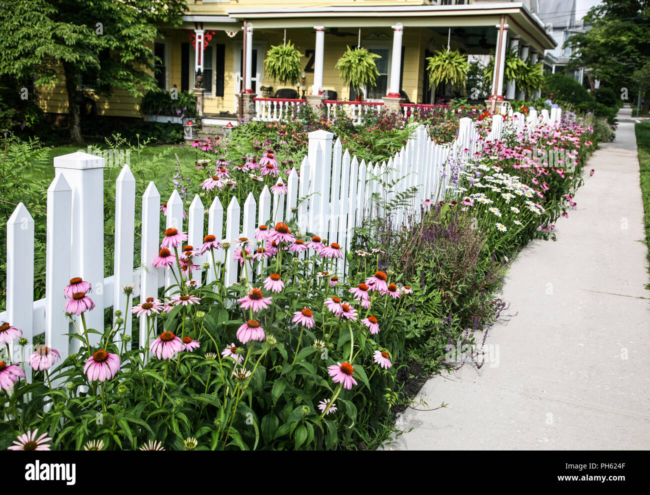 White picket recinto giardino fiori di confine, casa vittoriana, Mercer County, New Jersey, fattoria Stati Uniti, Stati Uniti, FS 10,42 MB 300 ppi Foto Stock