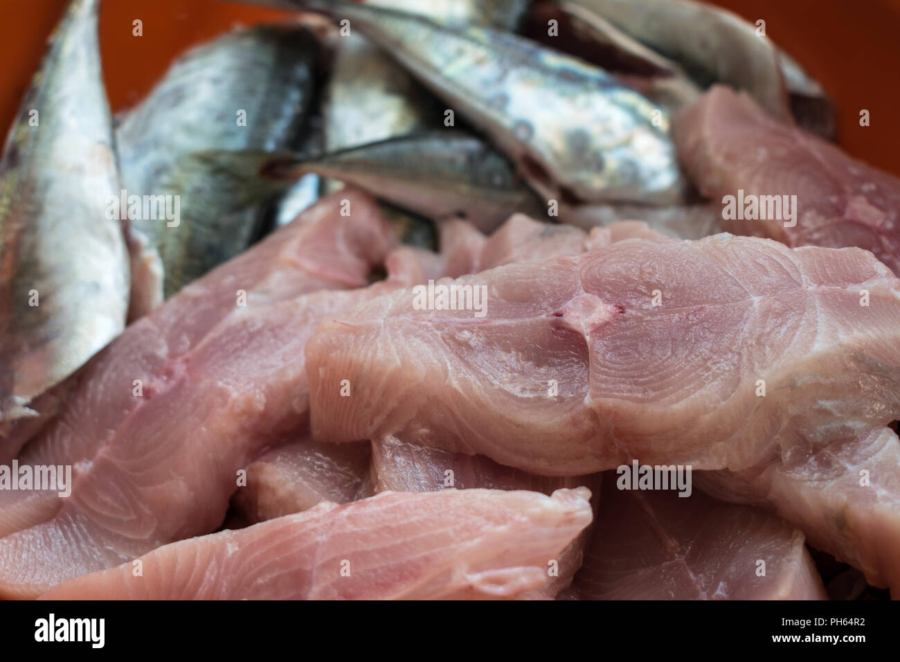 Closeup fette di pomfret materie Foto Stock