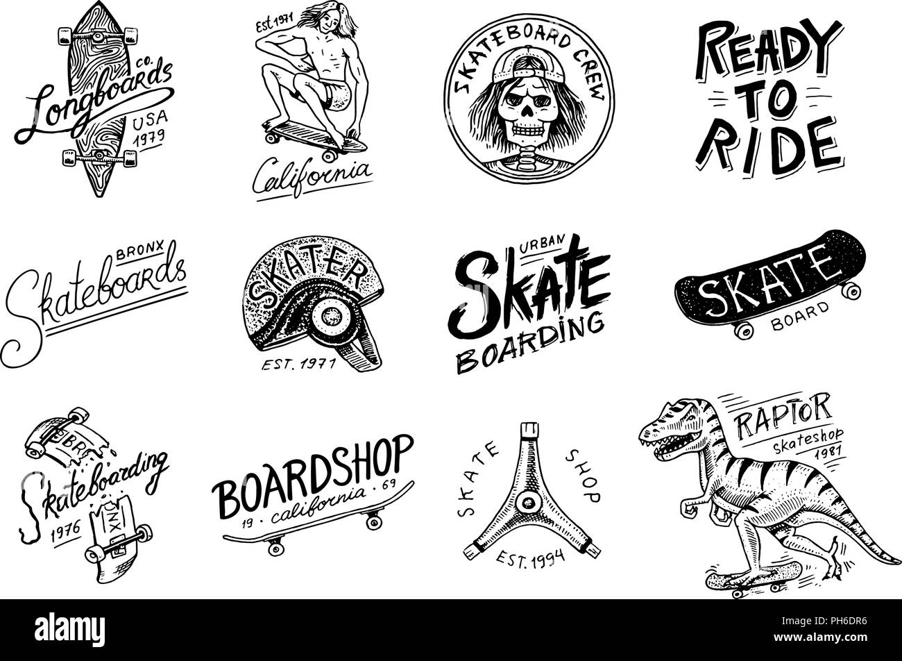 Set Di Etichette Per La Corsa Su Skateboard Logo Illustrazione Vettoriale Con Scheletro Per Skater Il