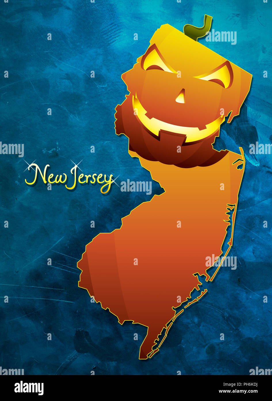New Jersey mappa di stato USA con zucca di halloween illustrazione viso Foto Stock