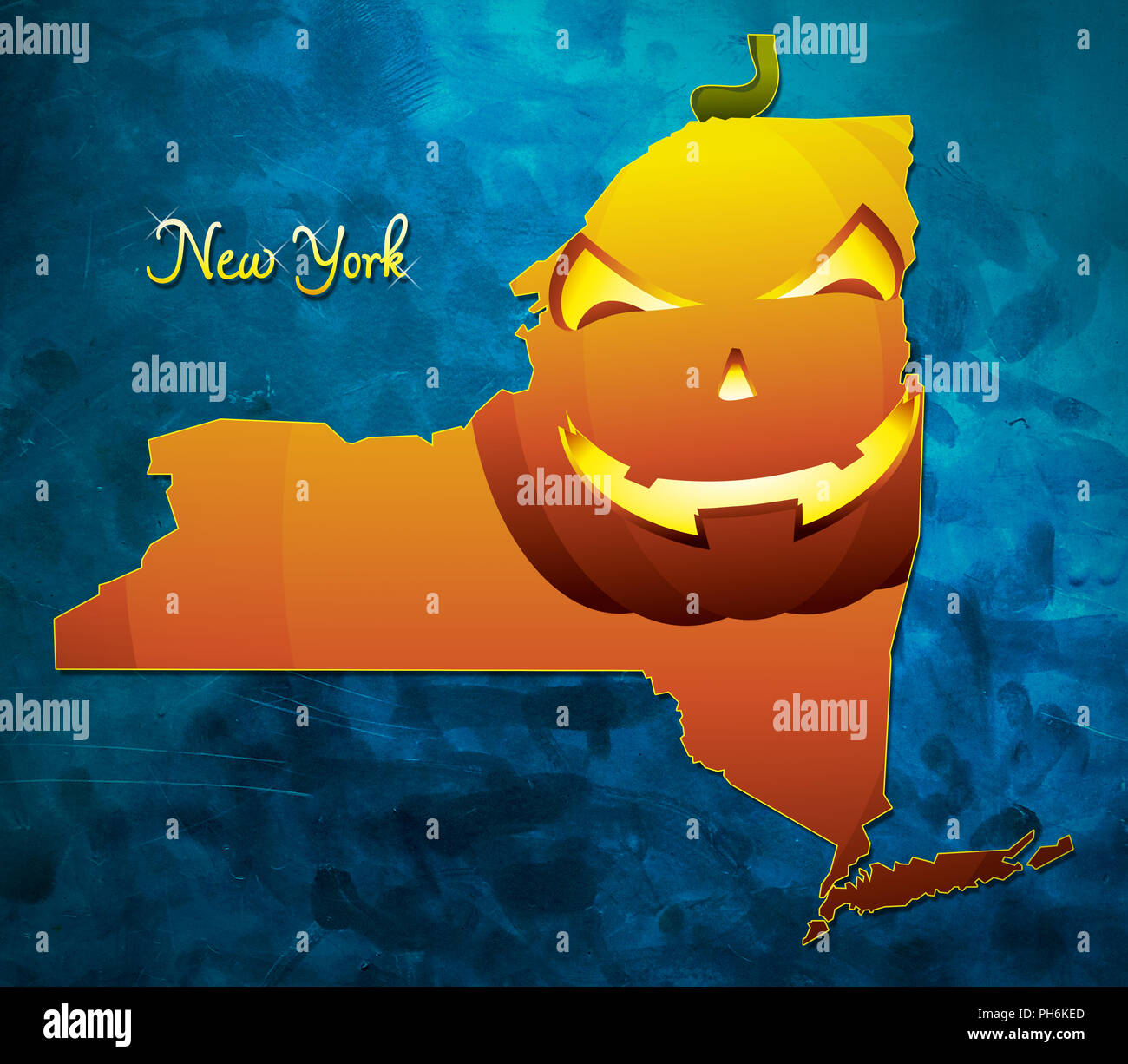 Lo stato di New York Mappa USA con zucca di halloween illustrazione viso Foto Stock