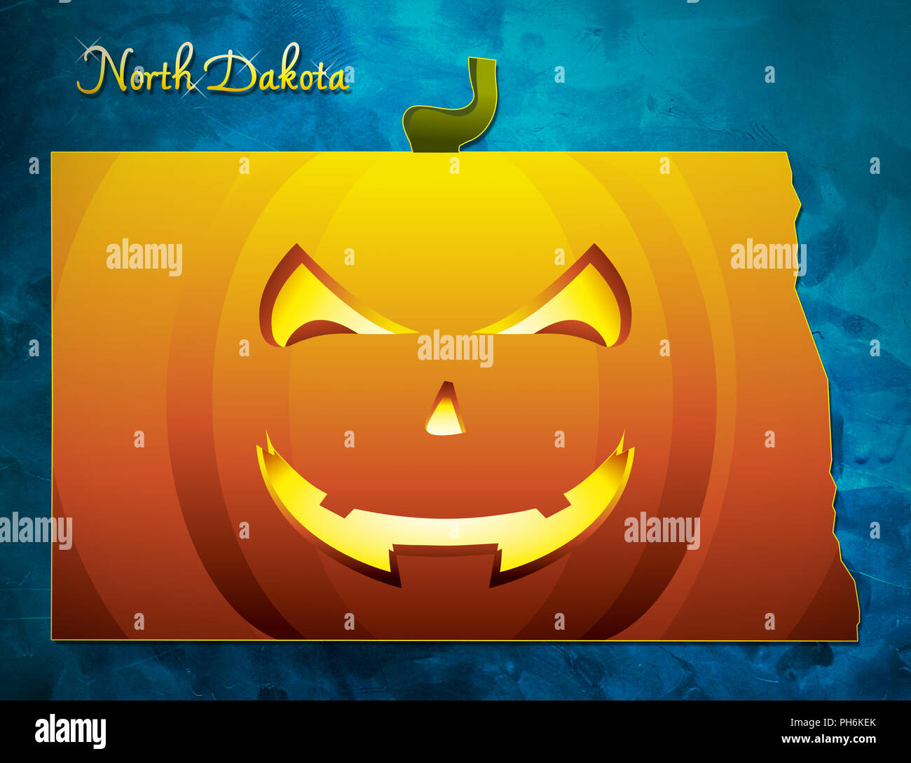 North Dakota mappa di stato USA con zucca di halloween illustrazione viso Foto Stock