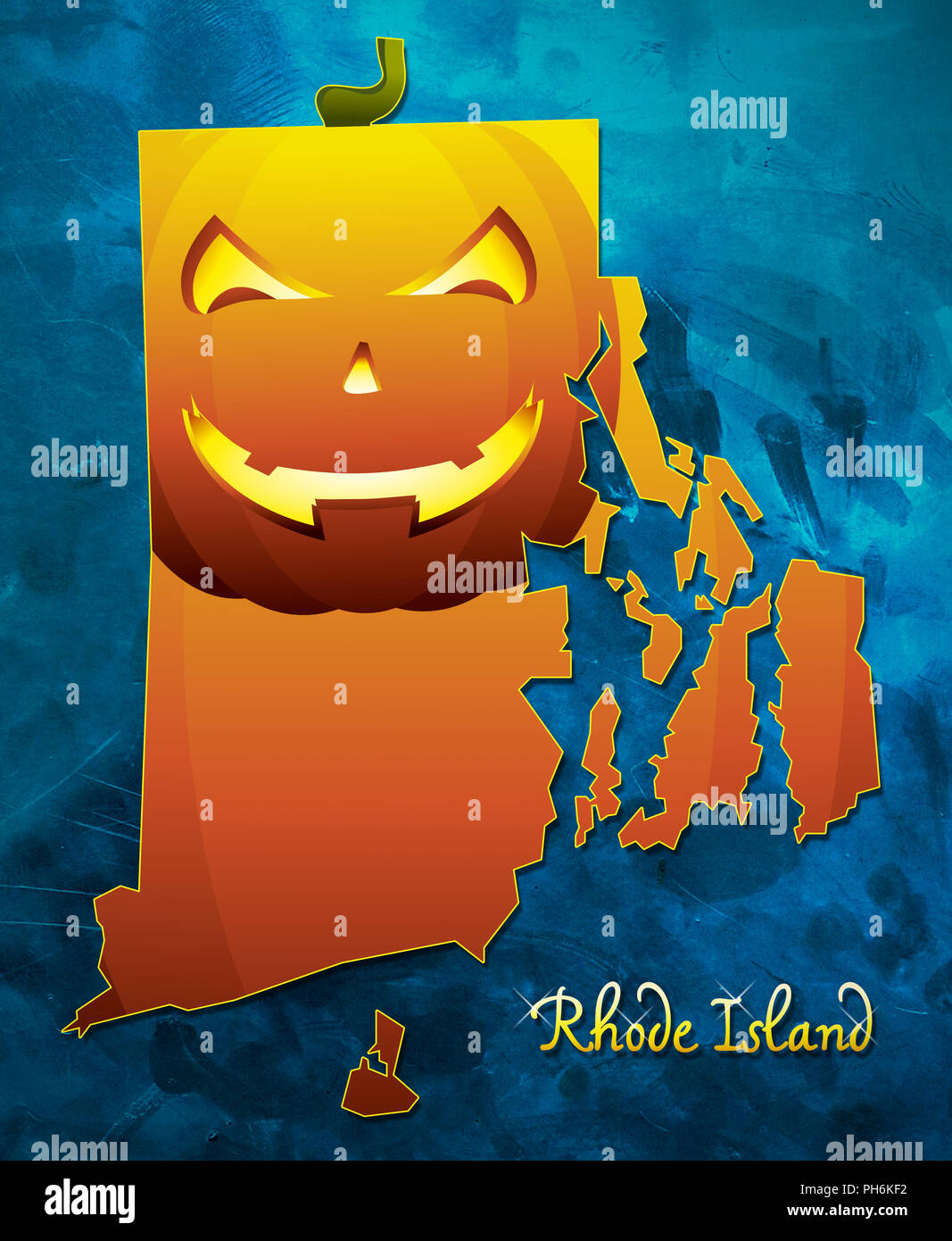 La Rhode Island mappa di stato USA con zucca di halloween illustrazione viso Foto Stock